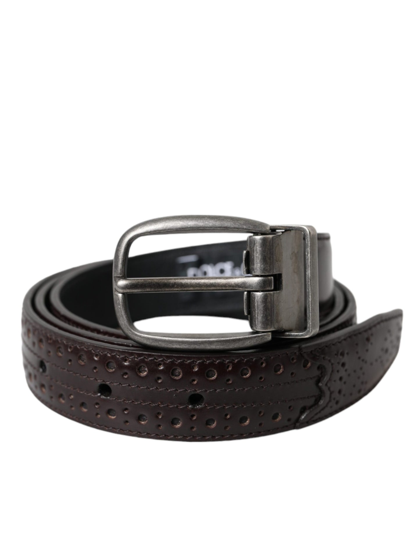 - Dark Brown Perforated Leather Metal Buckle Belt Men