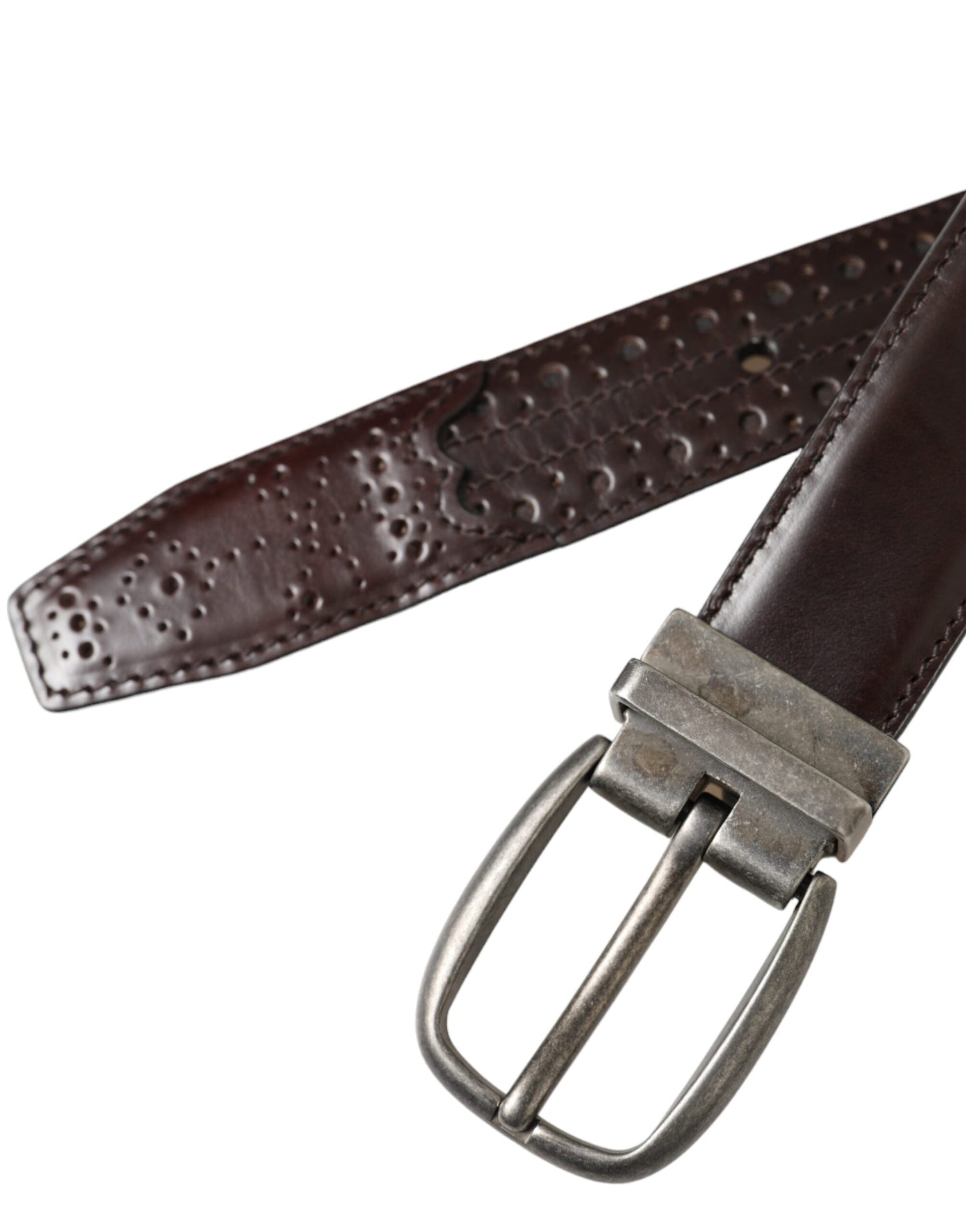 - Dark Brown Perforated Leather Metal Buckle Belt Men