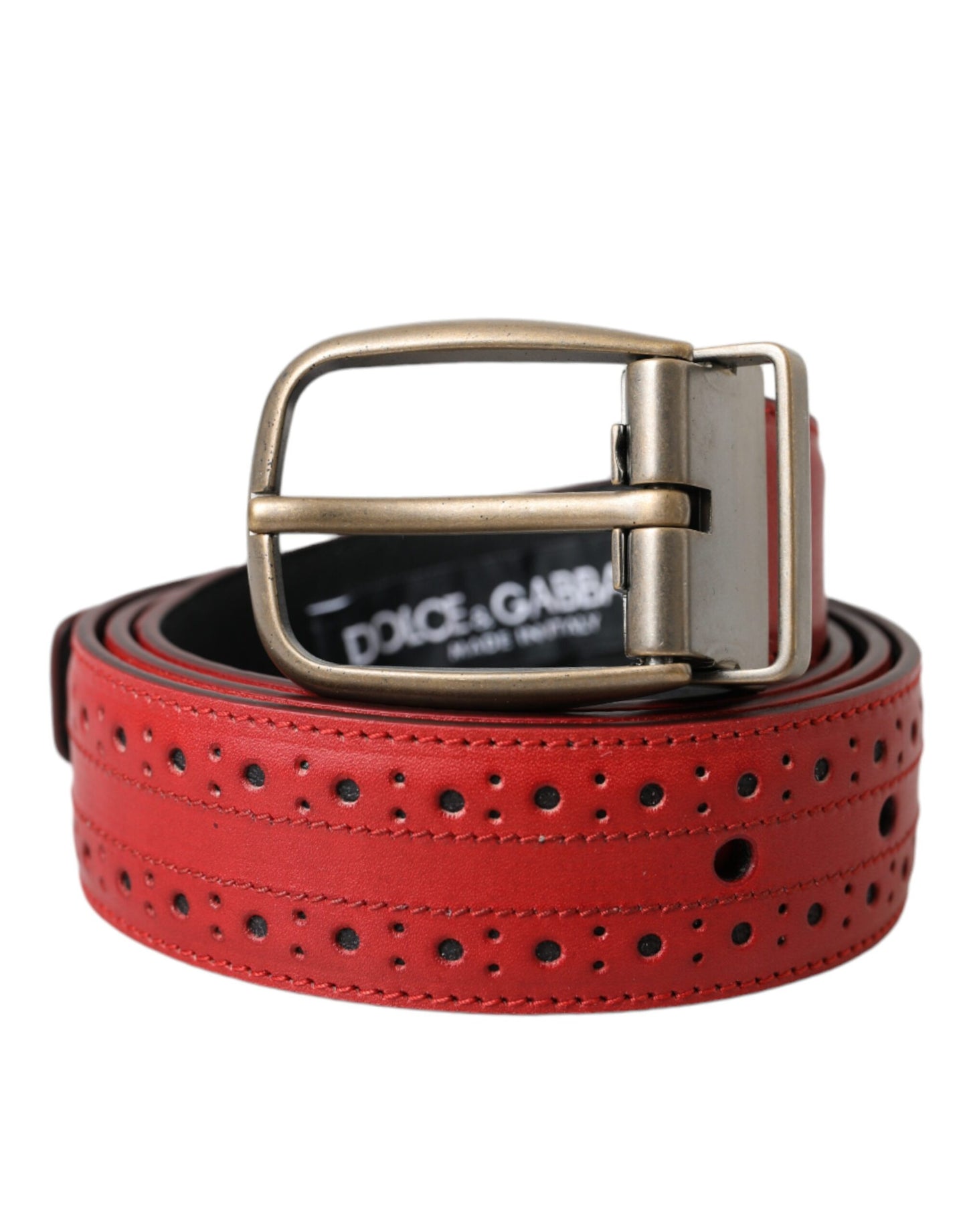 - Red Perforated Leather Metal Buckle Belt Men