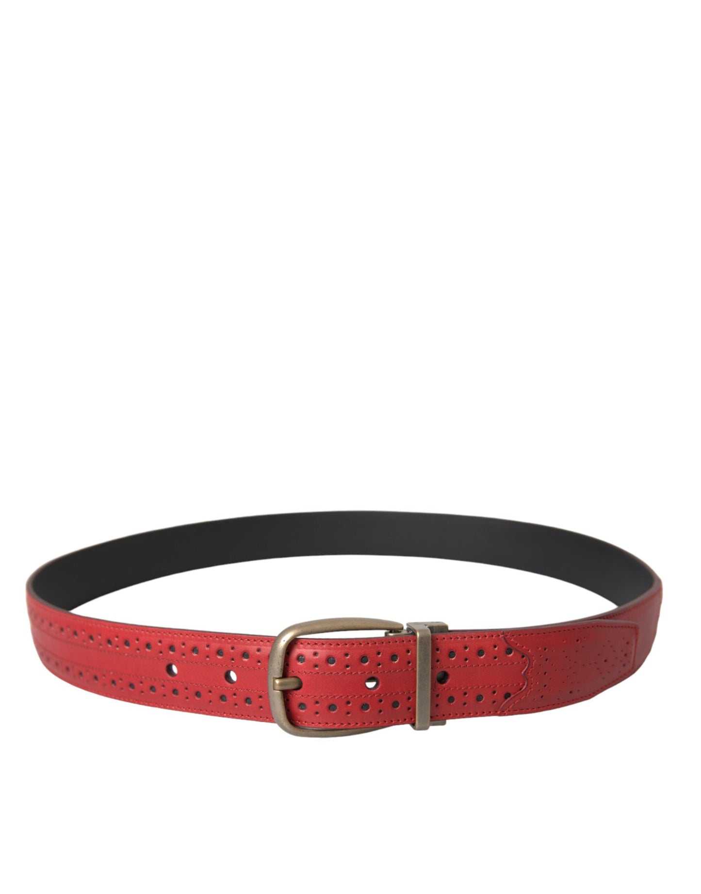 - Red Perforated Leather Metal Buckle Belt Men