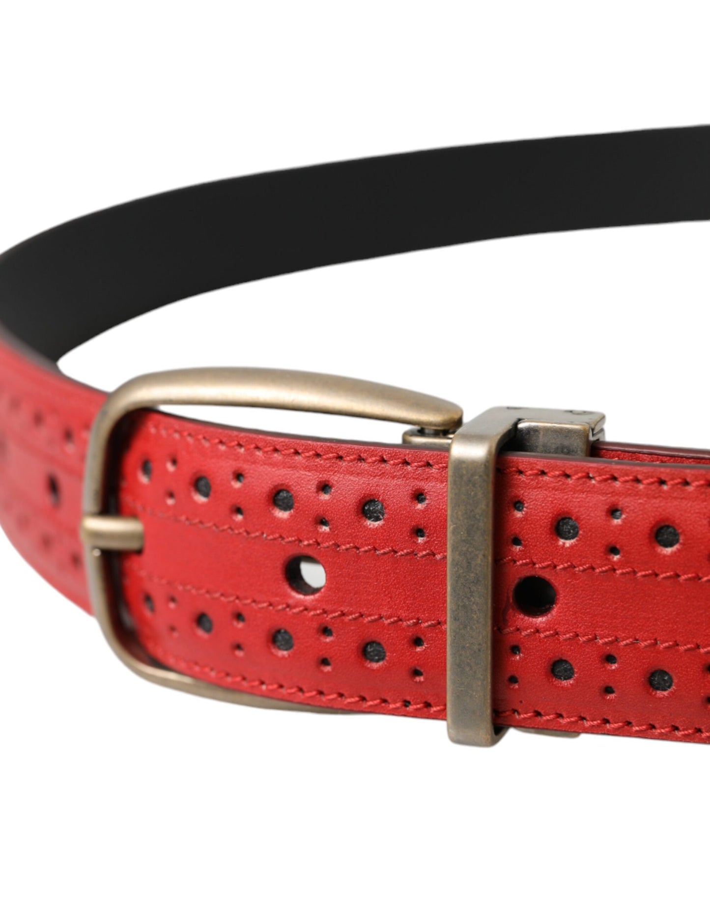 - Red Perforated Leather Metal Buckle Belt Men