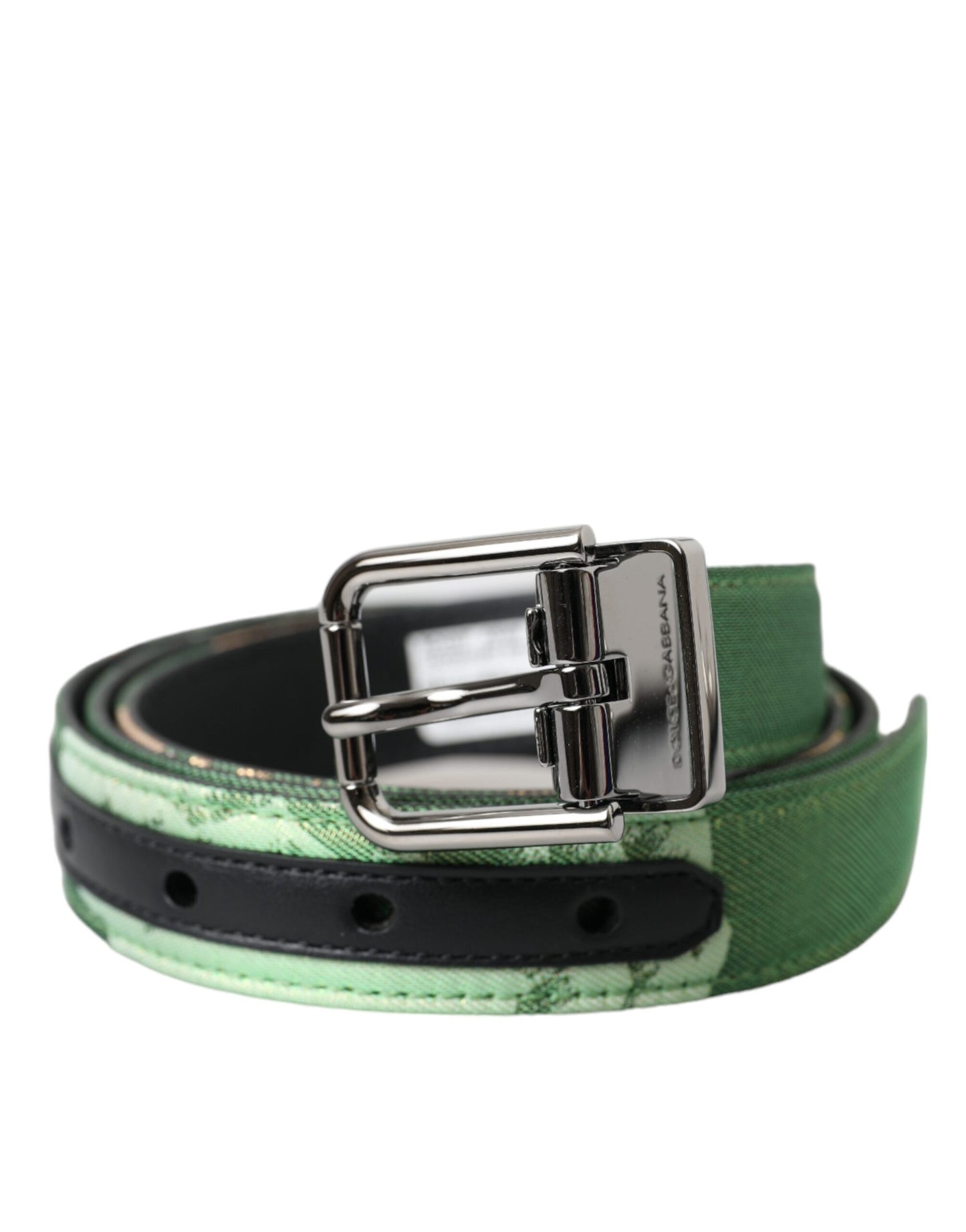- Green Leather Jacquard Silver Metal Buckle Belt