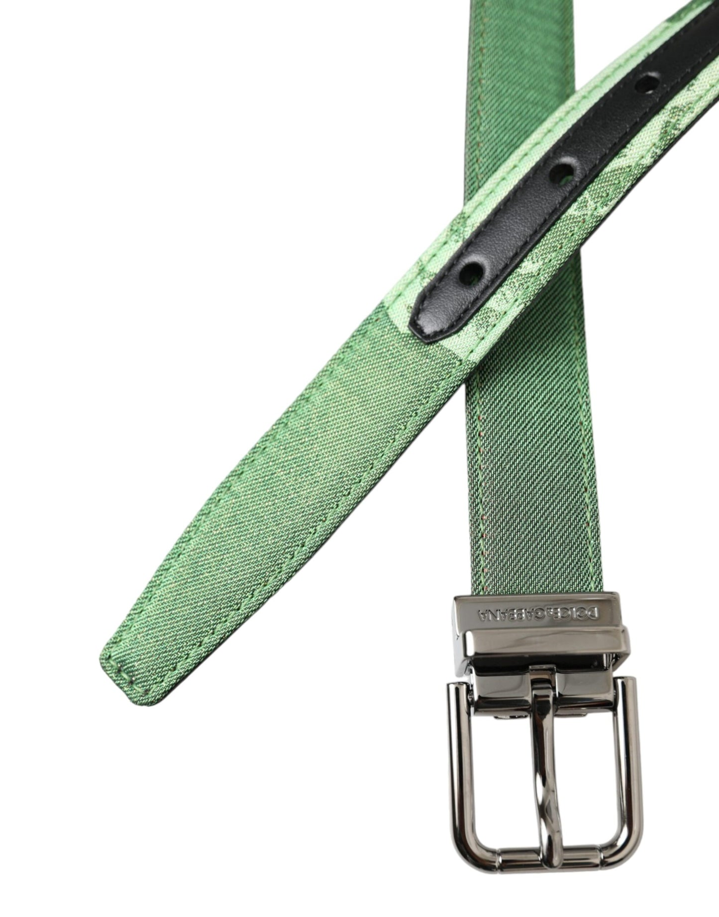 - Green Leather Jacquard Silver Metal Buckle Belt