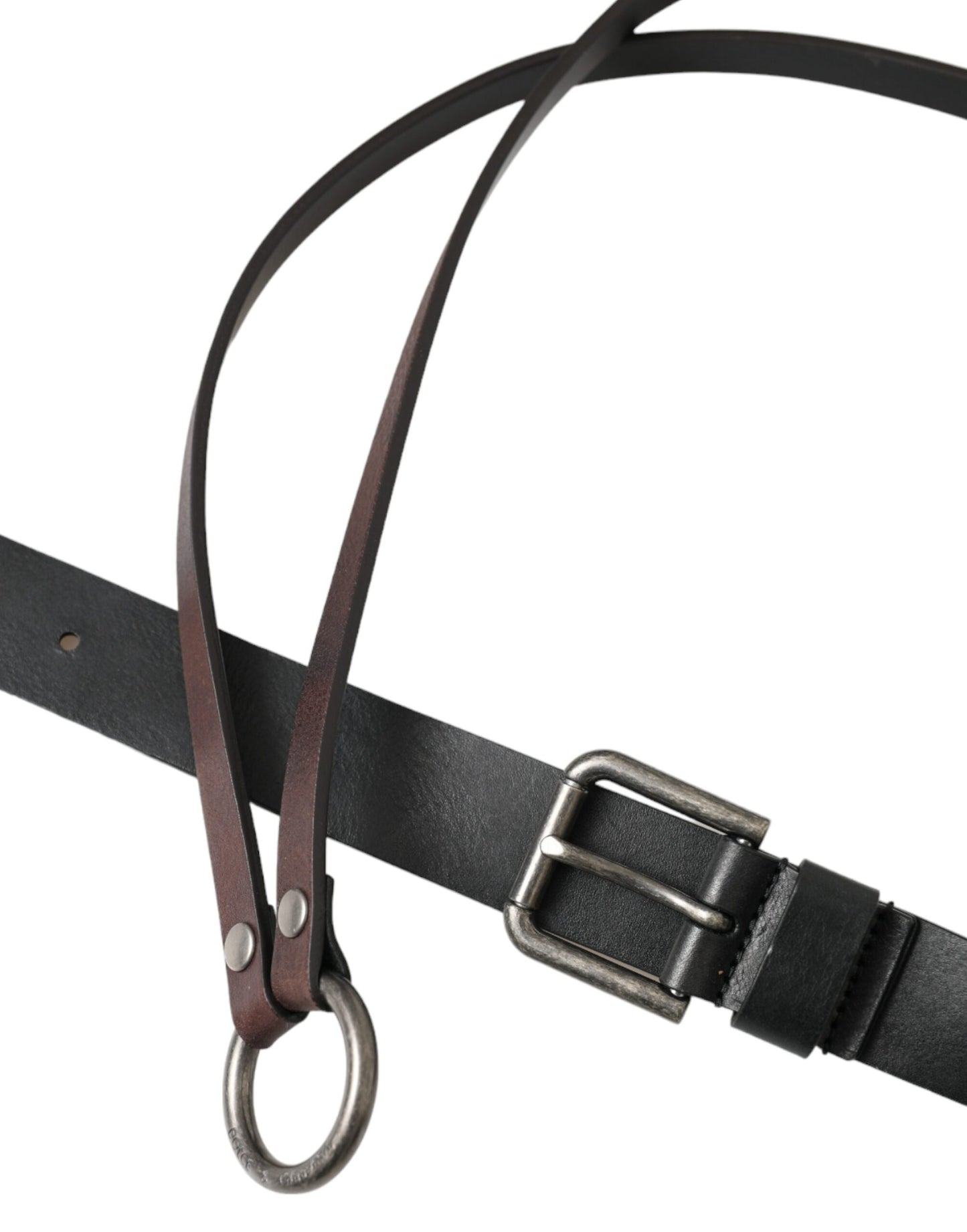 - Black Brown Leather Silver Metal Buckle Belt