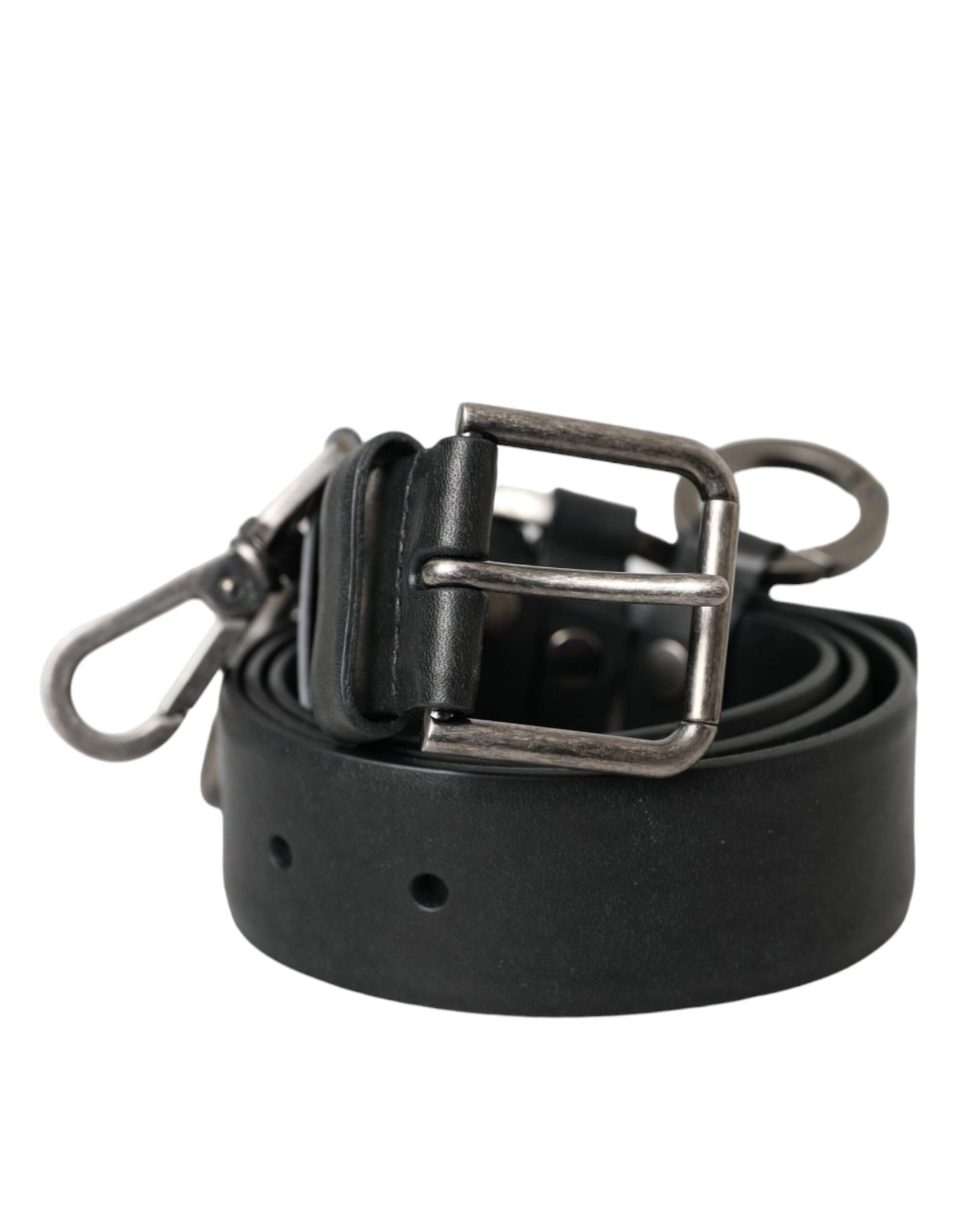 - Black Calf Leather Silver Metal Buckle Belt