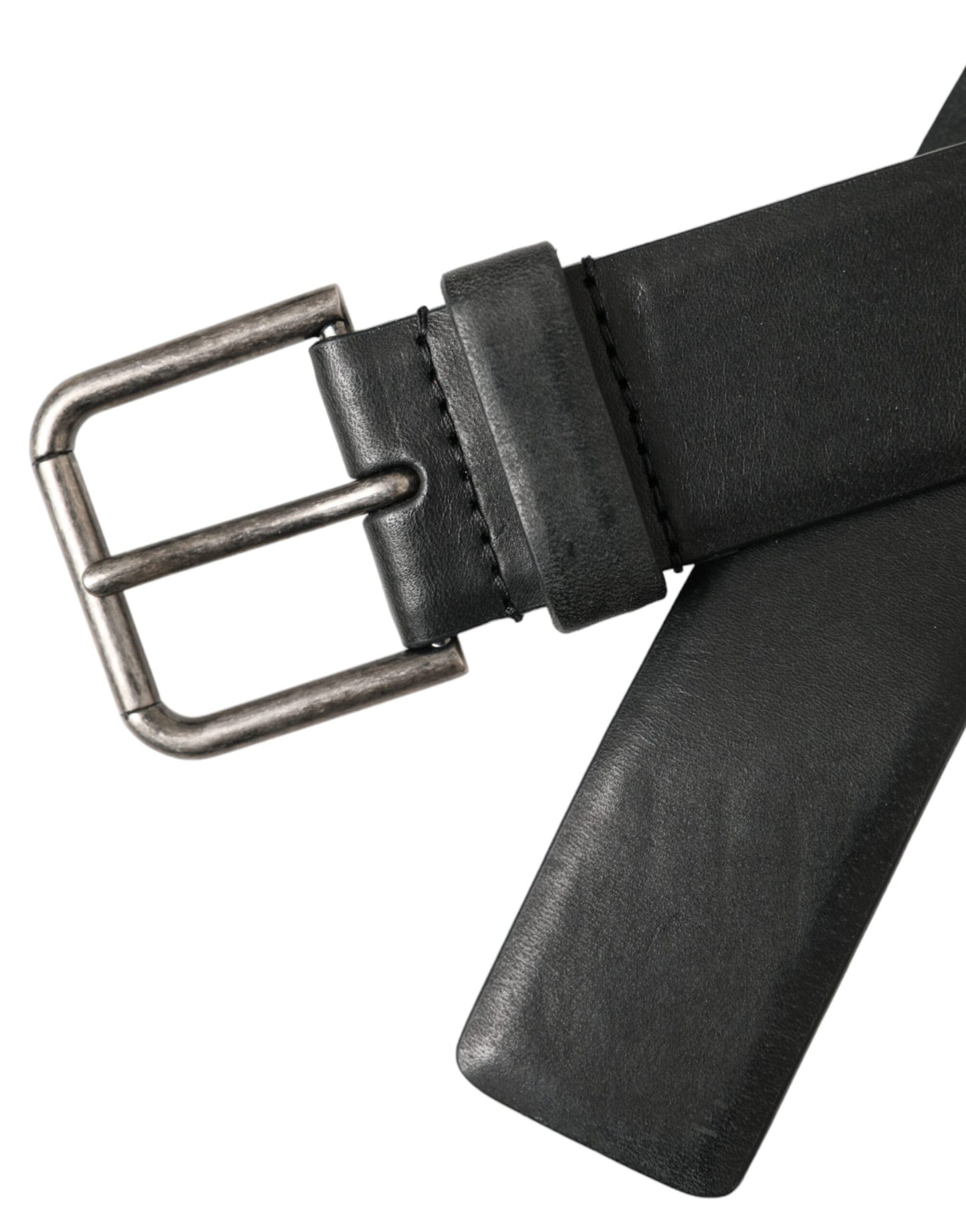 - Black Calf Leather Silver Metal Buckle Belt