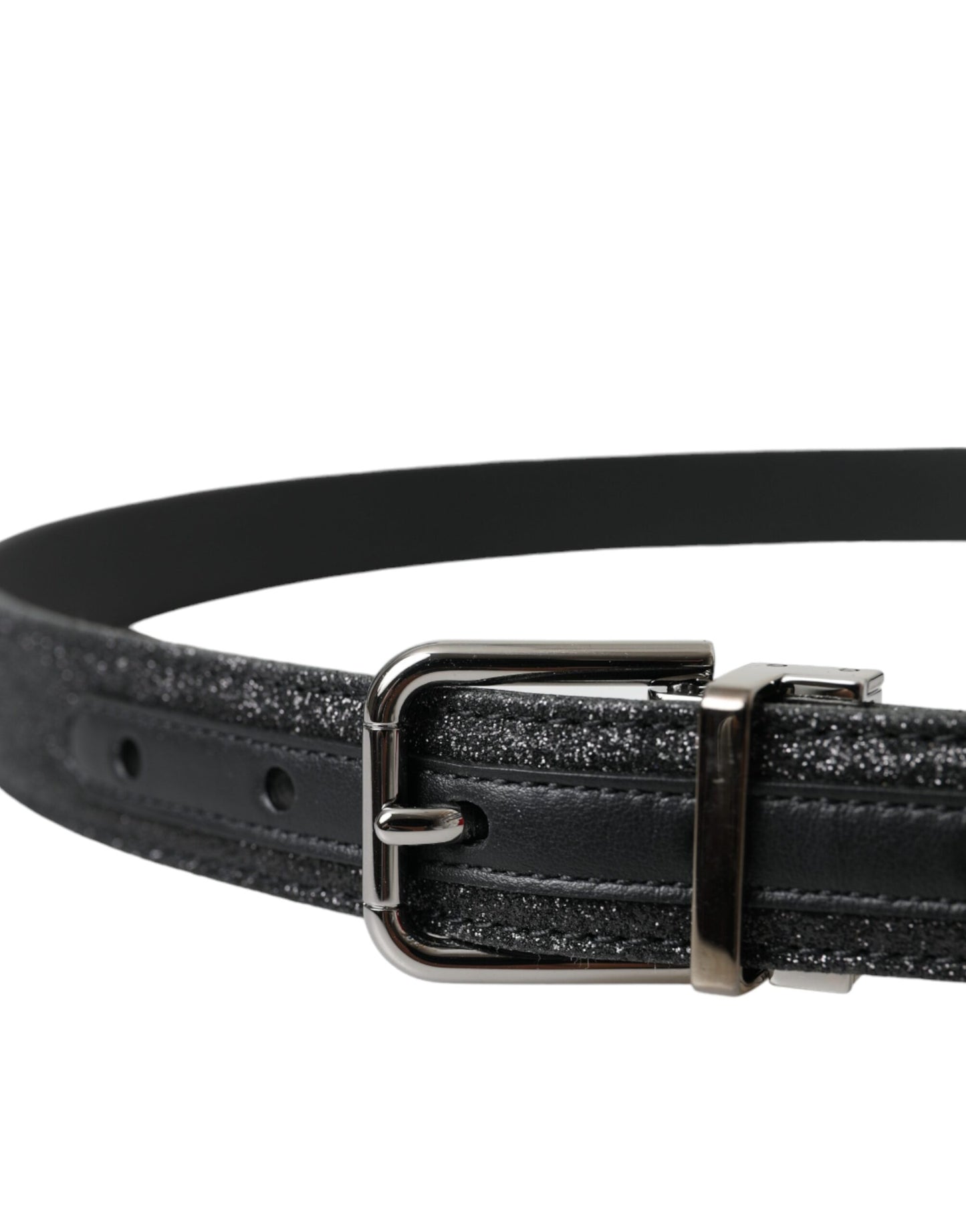 - Black Glittered Leather Silver Buckle Belt