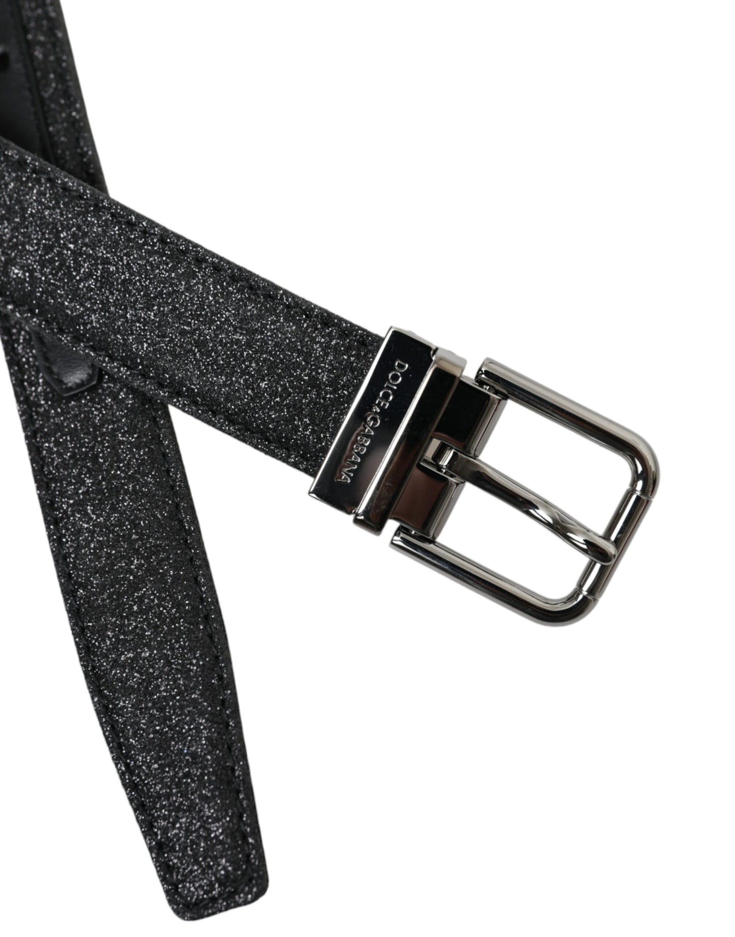- Black Glittered Leather Silver Buckle Belt