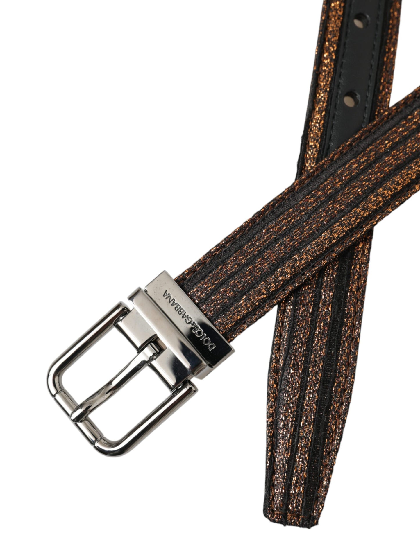 - Gold Jacquard Stripes Silver Metal Buckle Belt