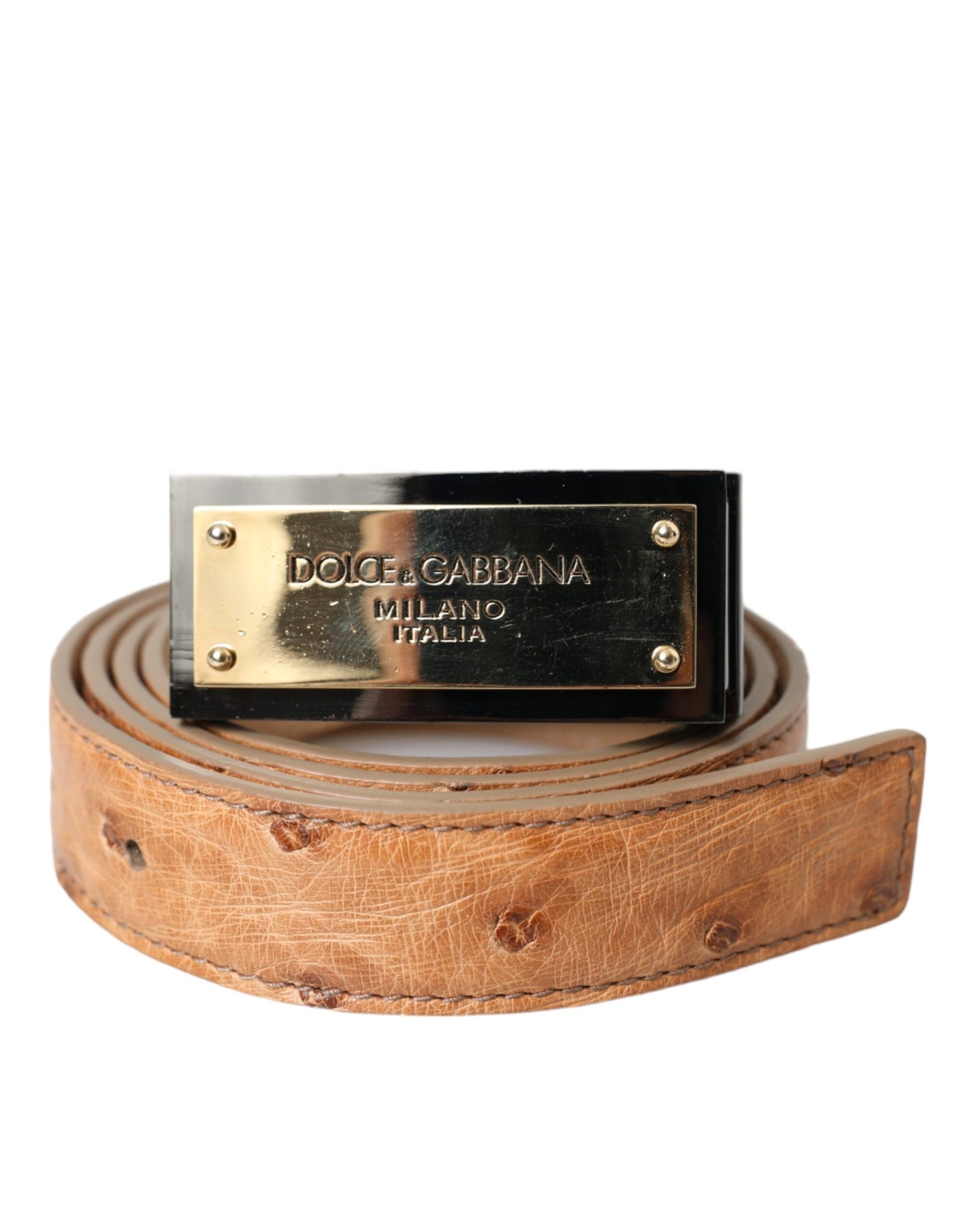 - Beige Leather Gold Logo Engraved Buckle Belt