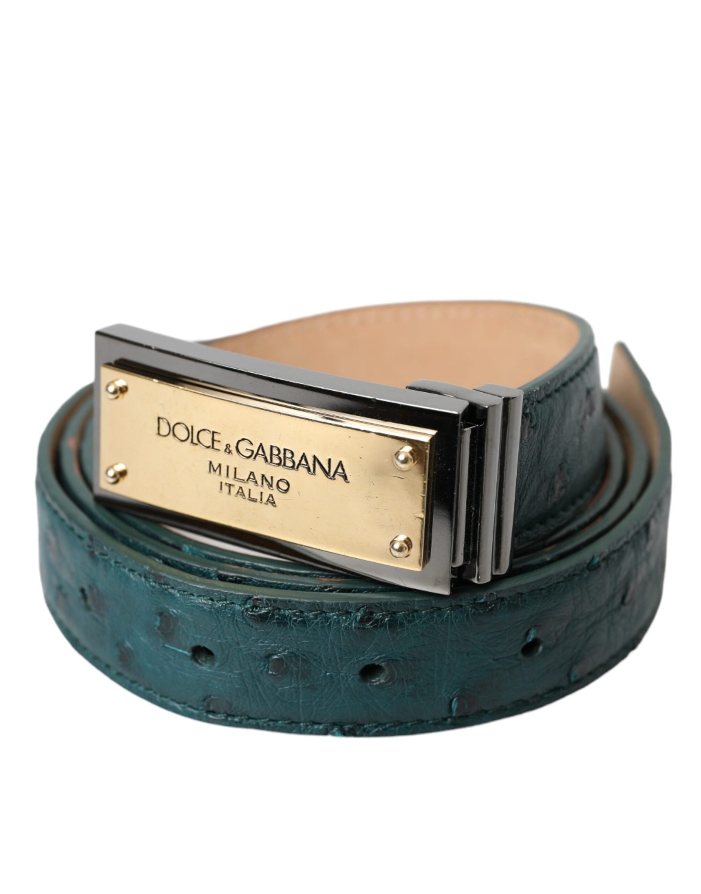- Green Leather Gold Logo Engraved Buckle Belt