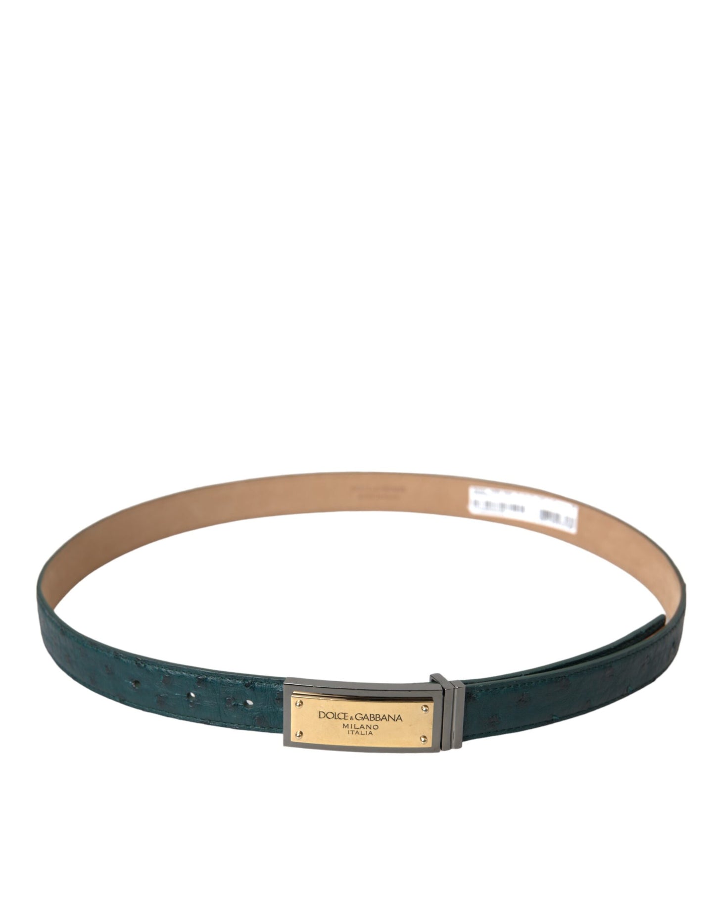 - Green Leather Gold Logo Engraved Buckle Belt