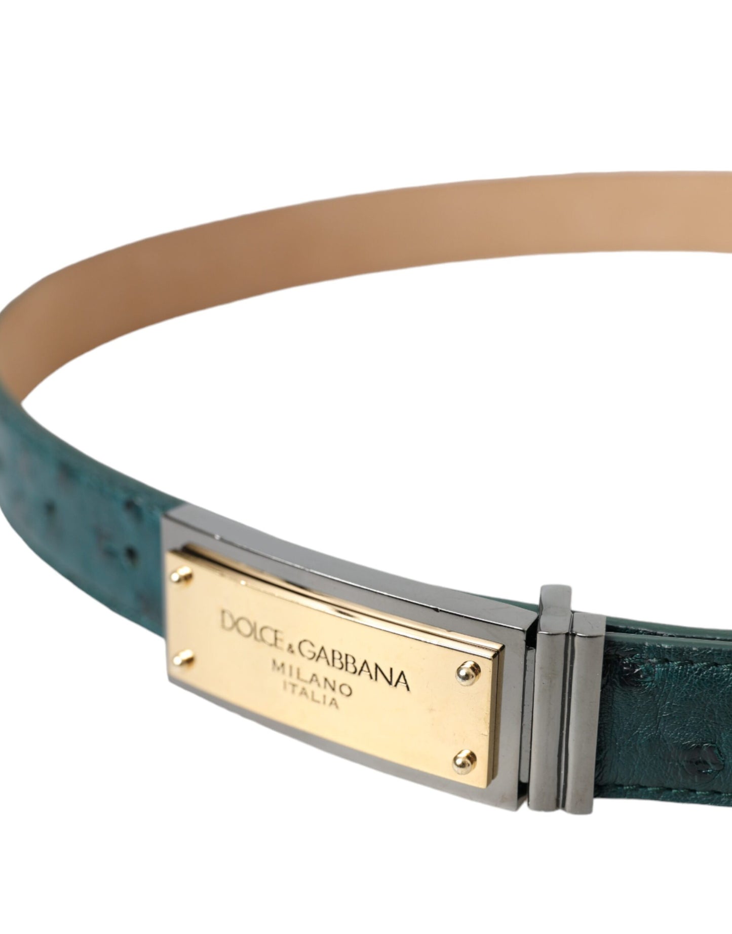 - Green Leather Gold Logo Engraved Buckle Belt