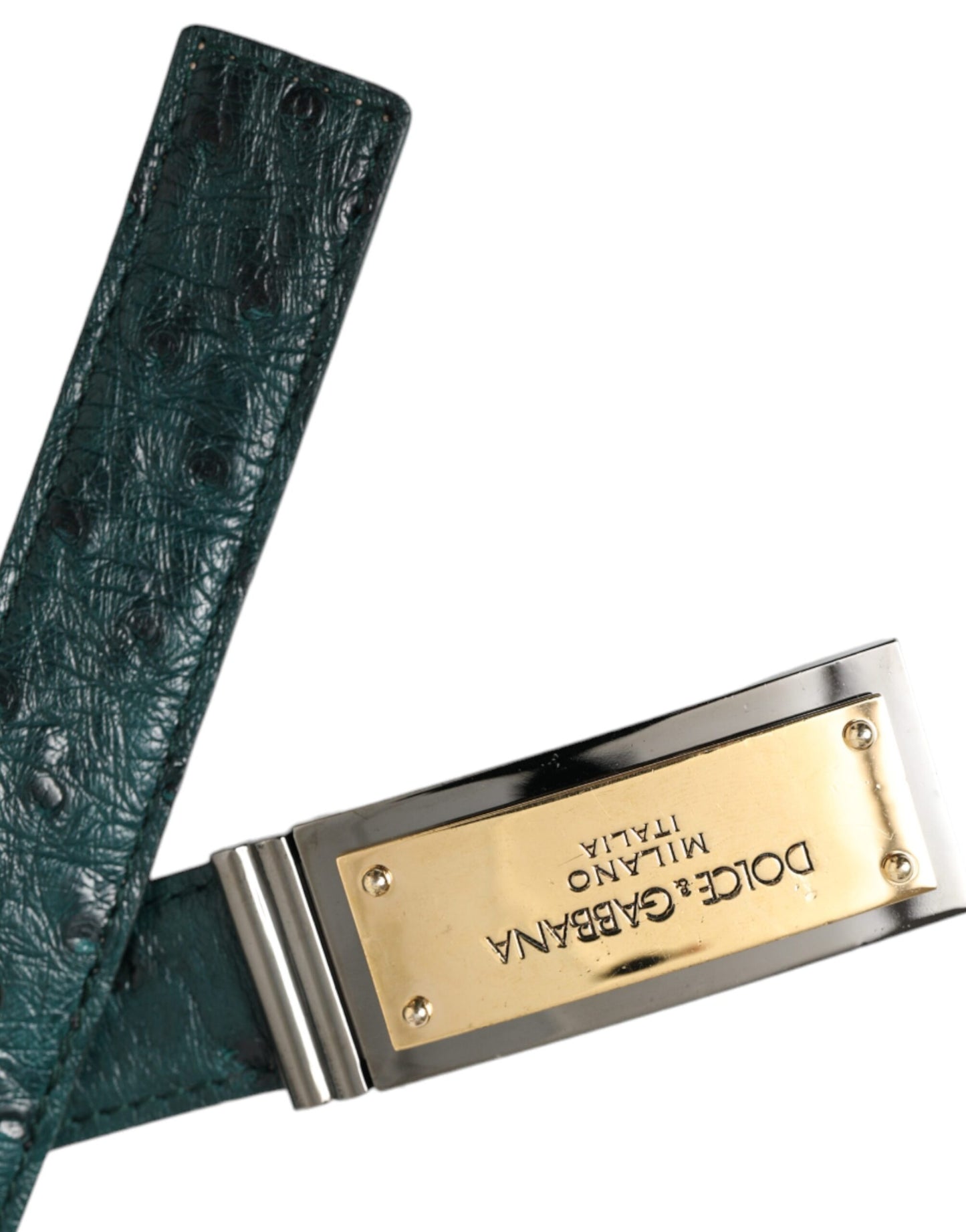 - Green Leather Gold Logo Engraved Buckle Belt