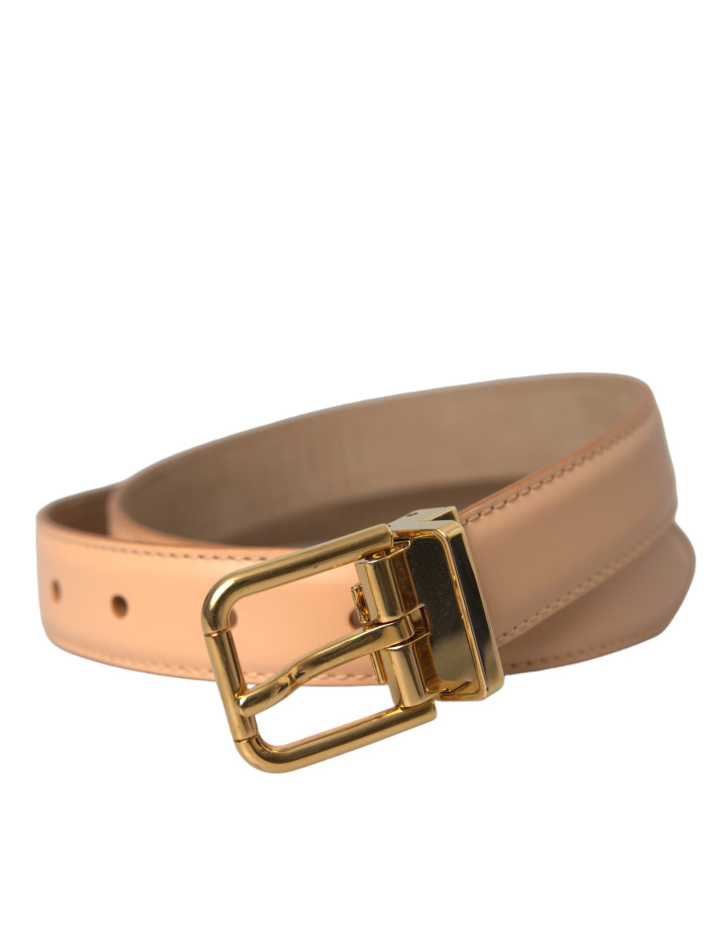 - Beige Calfskin Leather Gold Metal Buckle Belt