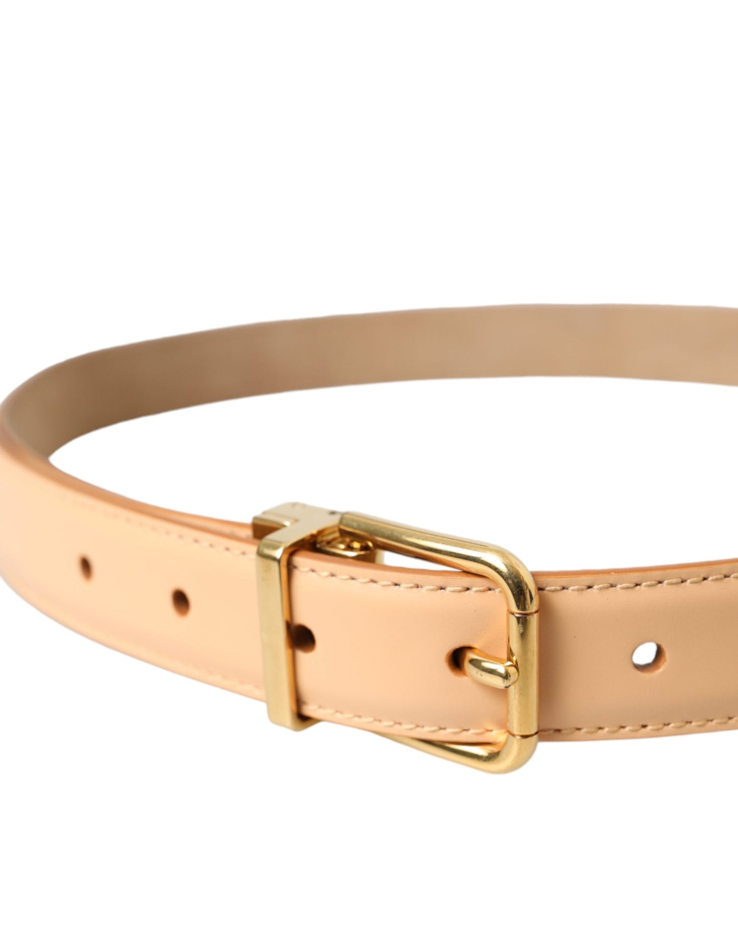 - Beige Calfskin Leather Gold Metal Buckle Belt