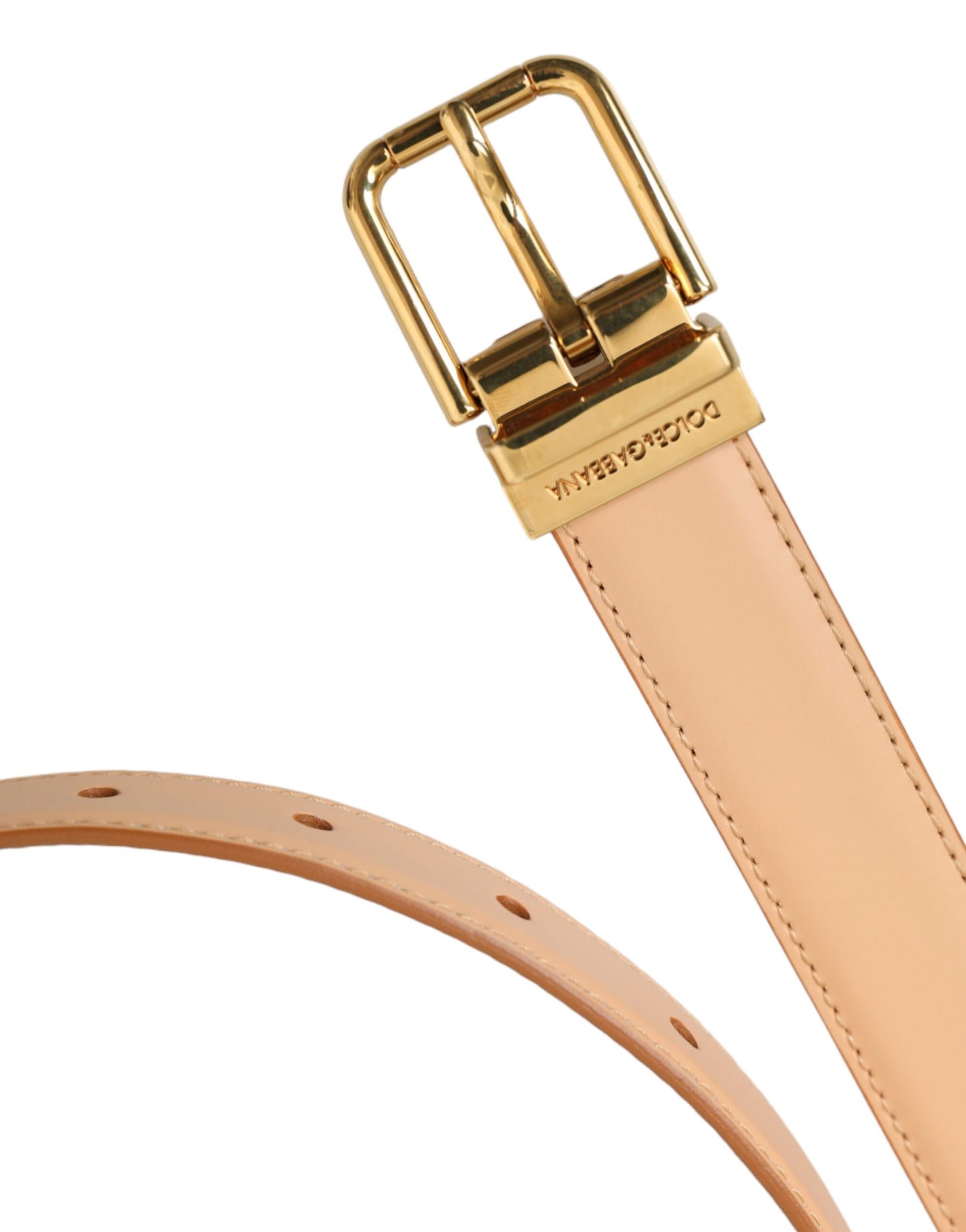 - Beige Calfskin Leather Gold Metal Buckle Belt