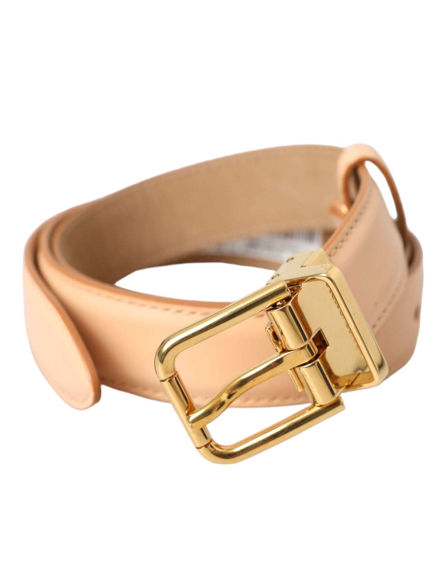 - Beige Calfskin Leather Gold Metal Buckle Belt