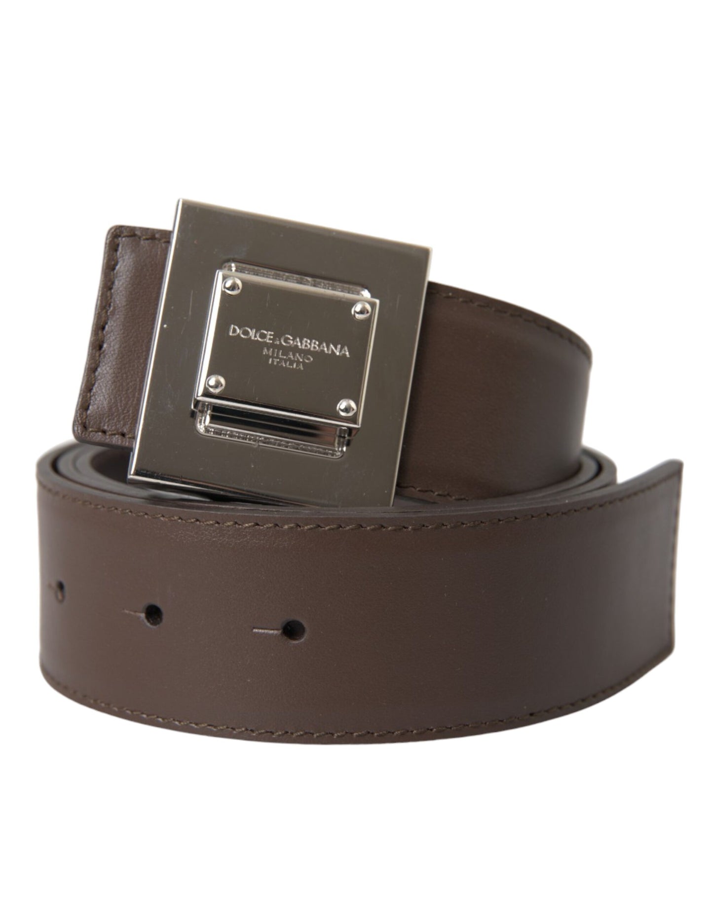 - Brown Calf Leather Square Metal Buckle Belt