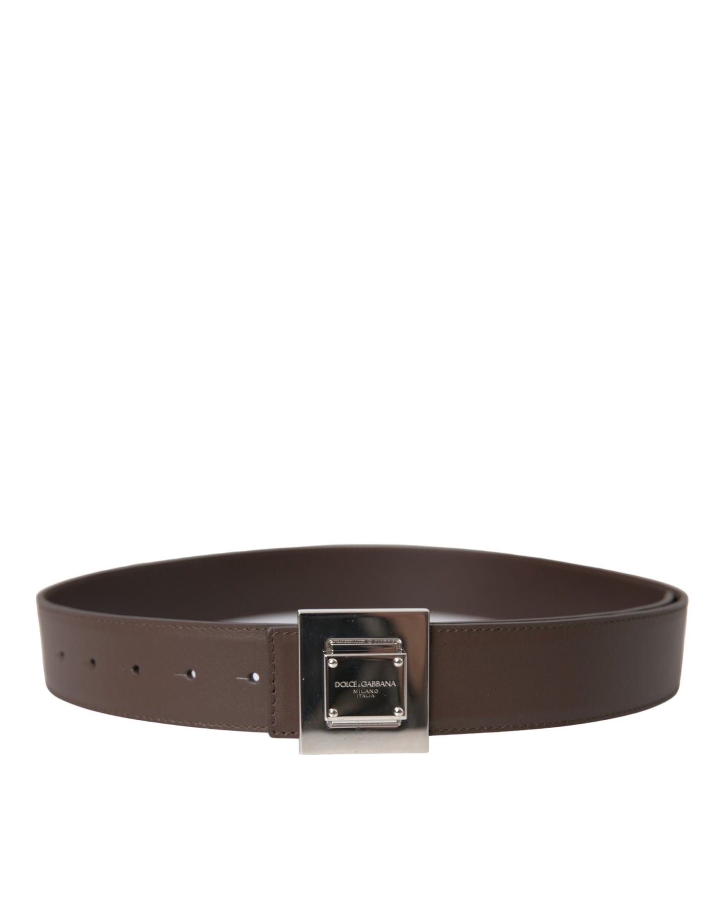 - Brown Calf Leather Square Metal Buckle Belt