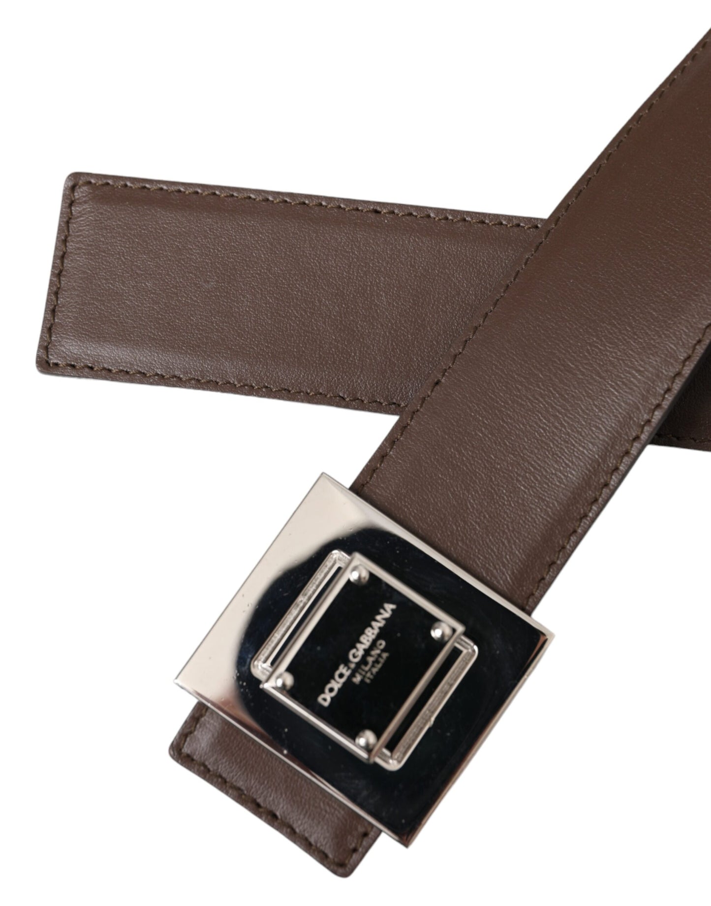 - Brown Calf Leather Square Metal Buckle Belt