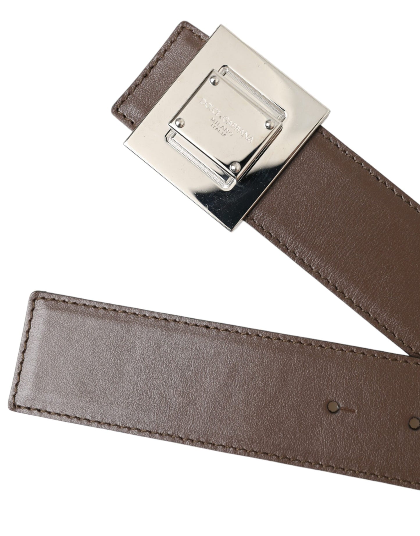 - Brown Calf Leather Square Metal Buckle Belt