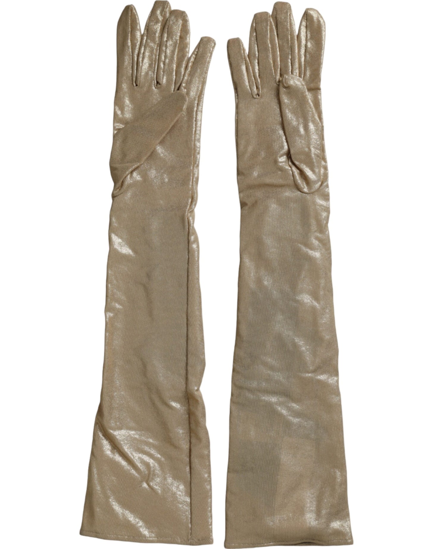 - Beige Satin Crystal Elbow Length Gloves