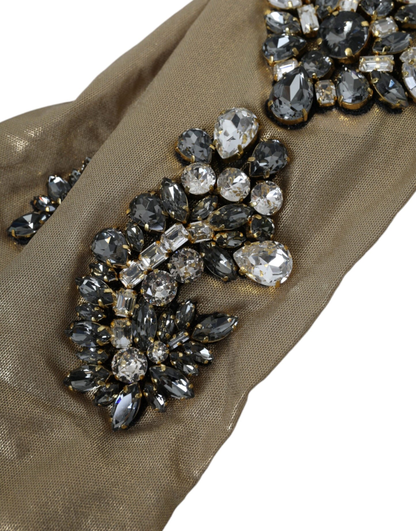 - Beige Satin Crystal Elbow Length Gloves