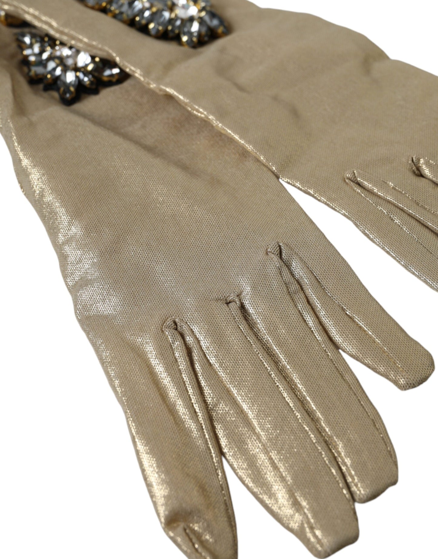 - Beige Satin Crystal Elbow Length Gloves