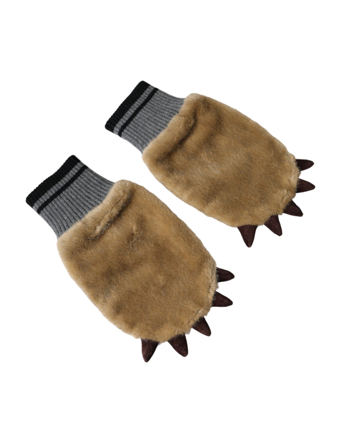 - Beige Acrylic Knitted Fur Wrist Mitten Gloves