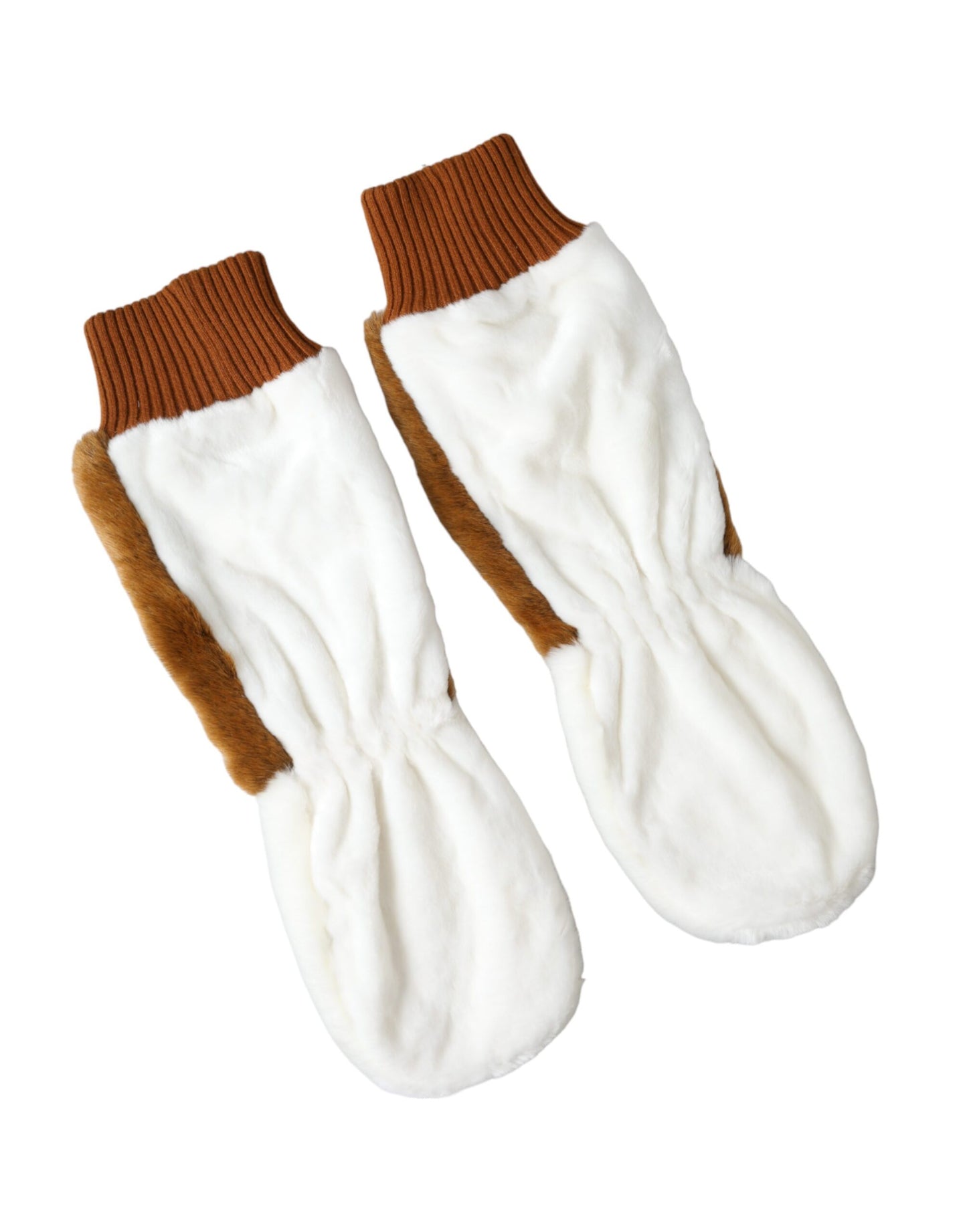 - Brown White Acrylic Knitted Fur Mitten Gloves