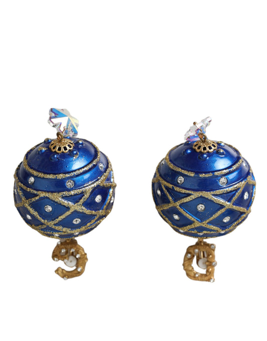 - Gold Brass Blue Dangle Christmas Ball Crystal Clip On Earrings
