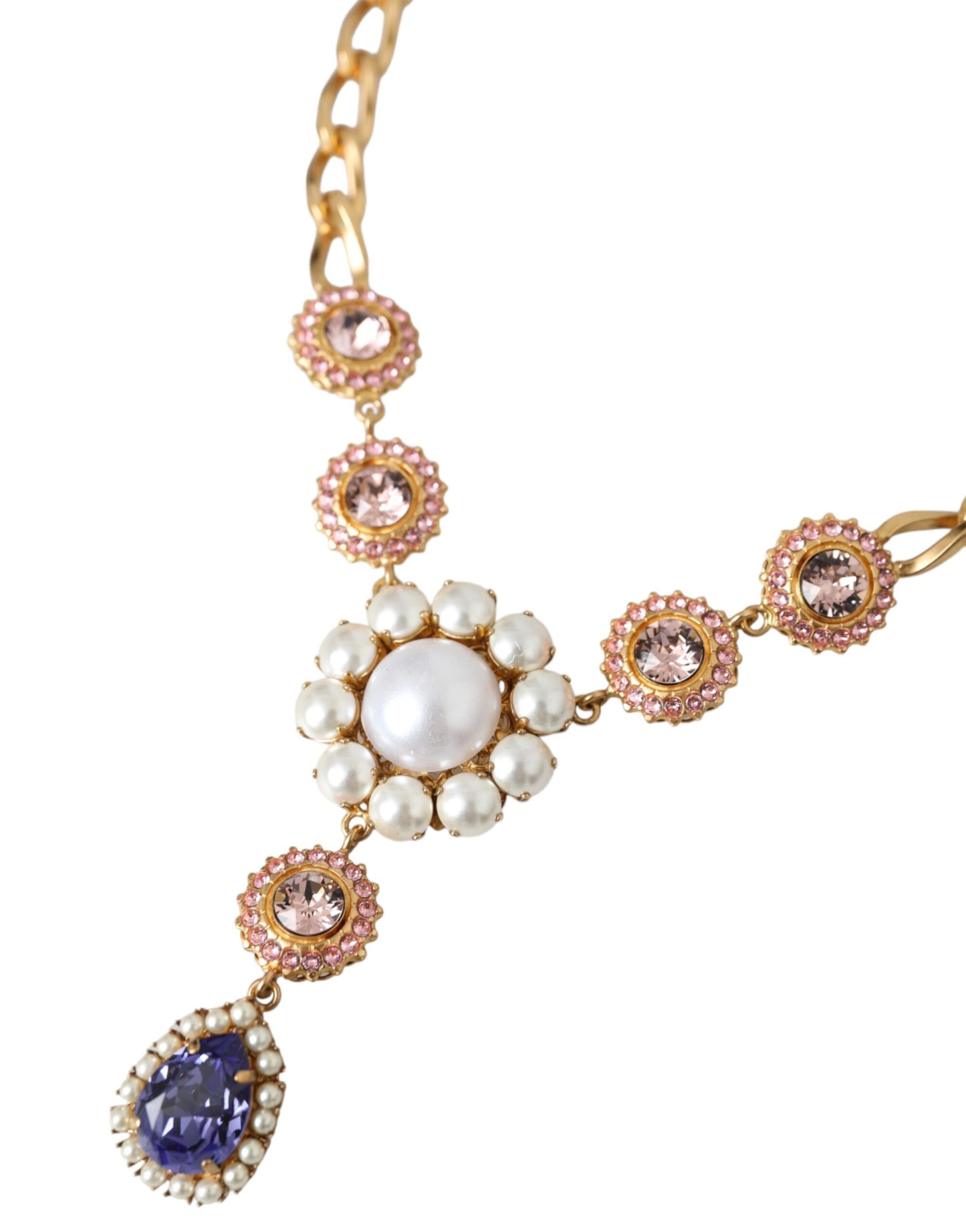 - Gold Brass Crystal Purple Pink Pearl Pendants Necklace