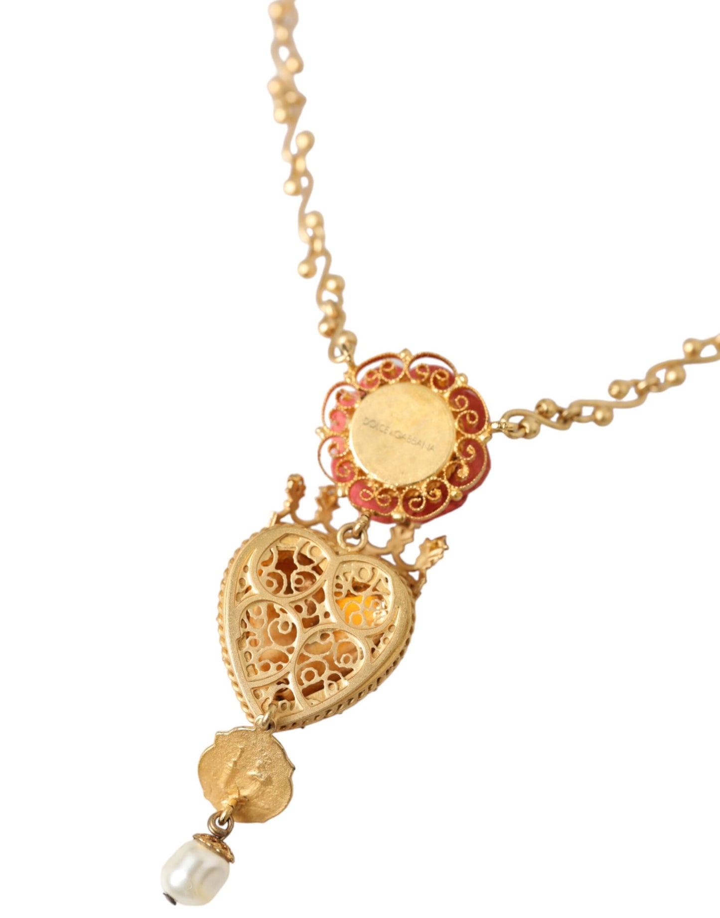 - Gold BrassChain Sacred Heart Rose Crystal Charm Necklace