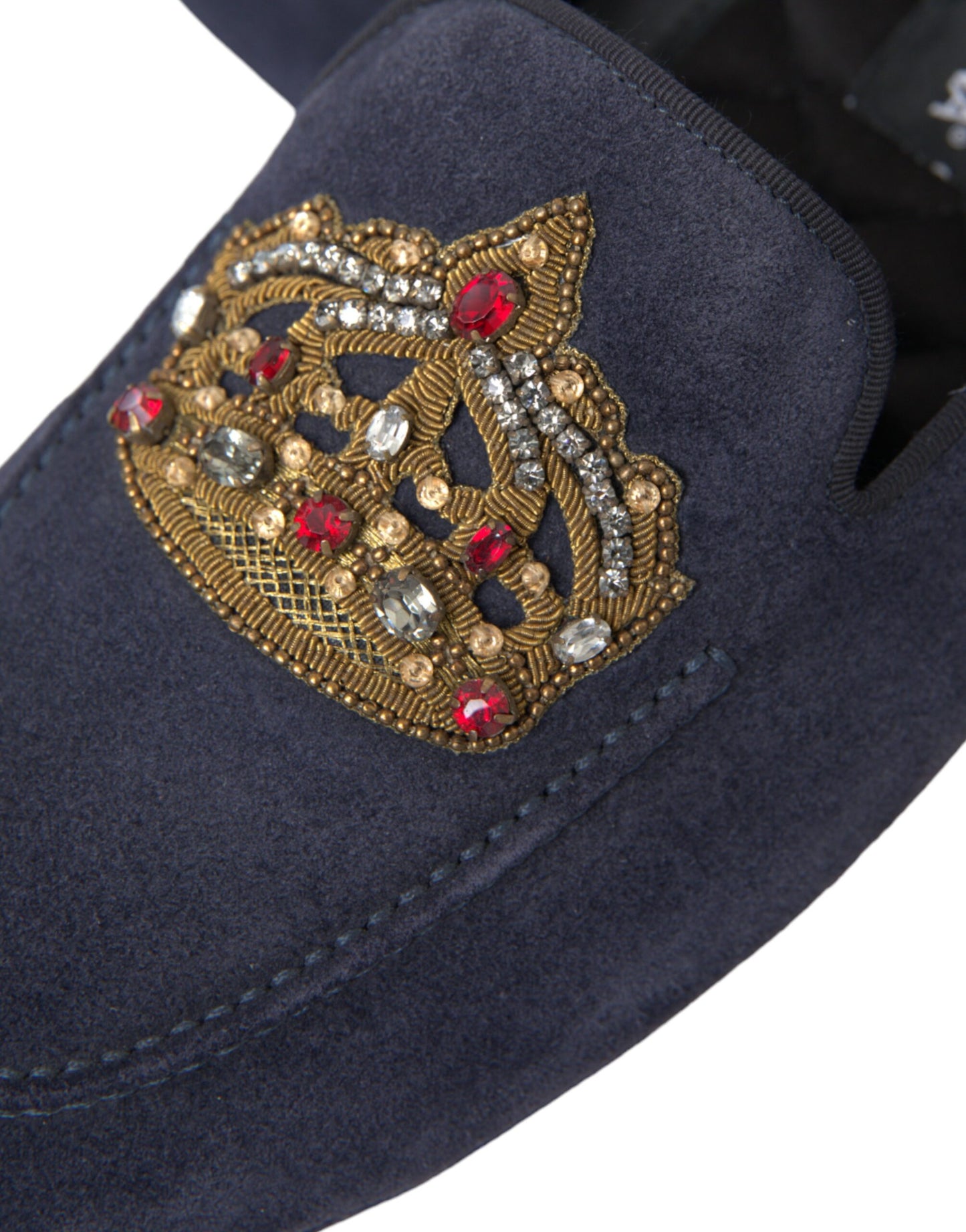 - Blue Leather Suede Crystal Crown Loafers Shoes
