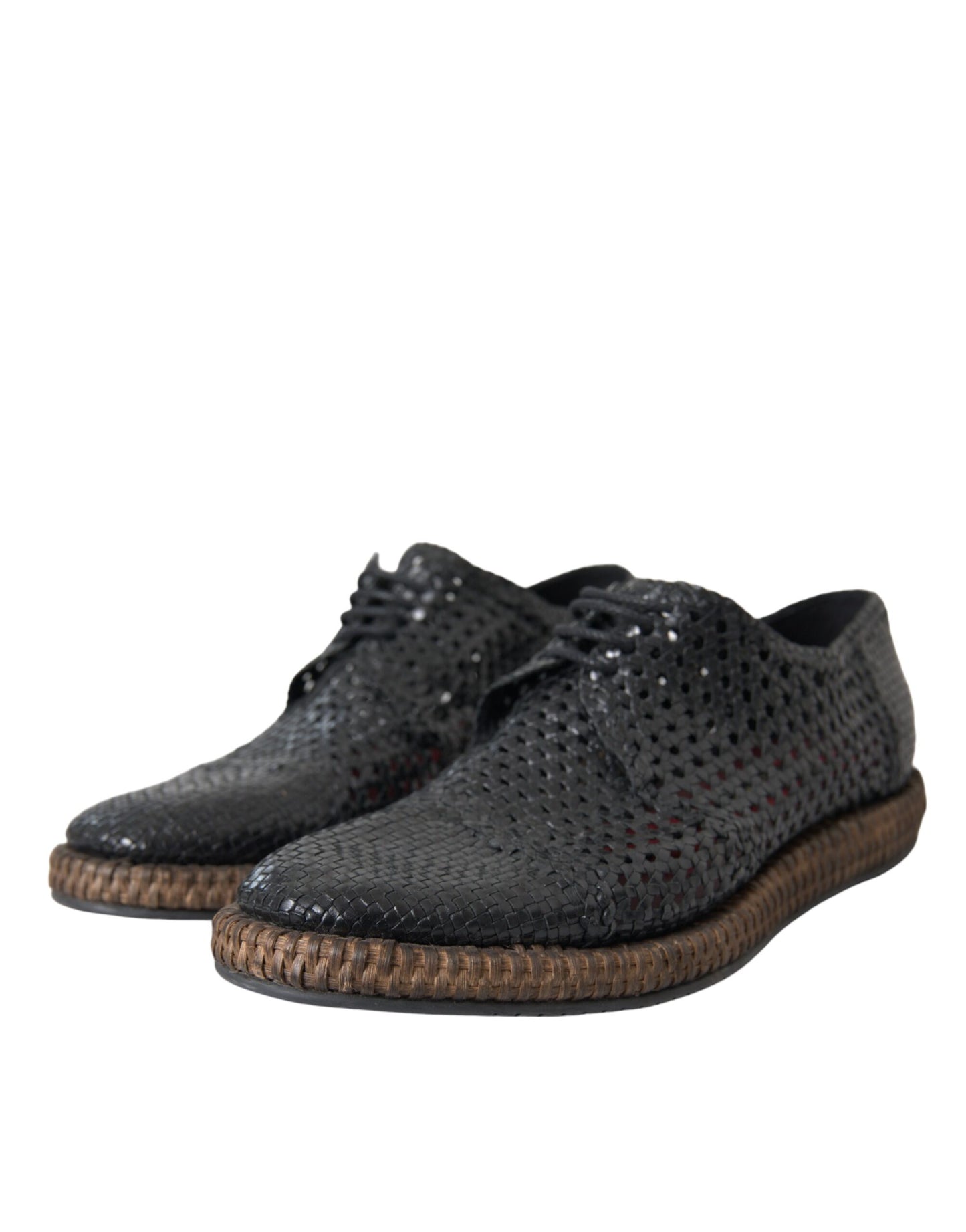 - Black Woven Goat Leather Lace Up Derby Shoes