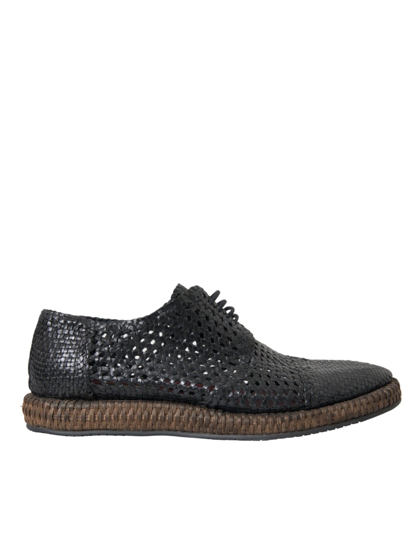 - Black Woven Goat Leather Lace Up Derby Shoes
