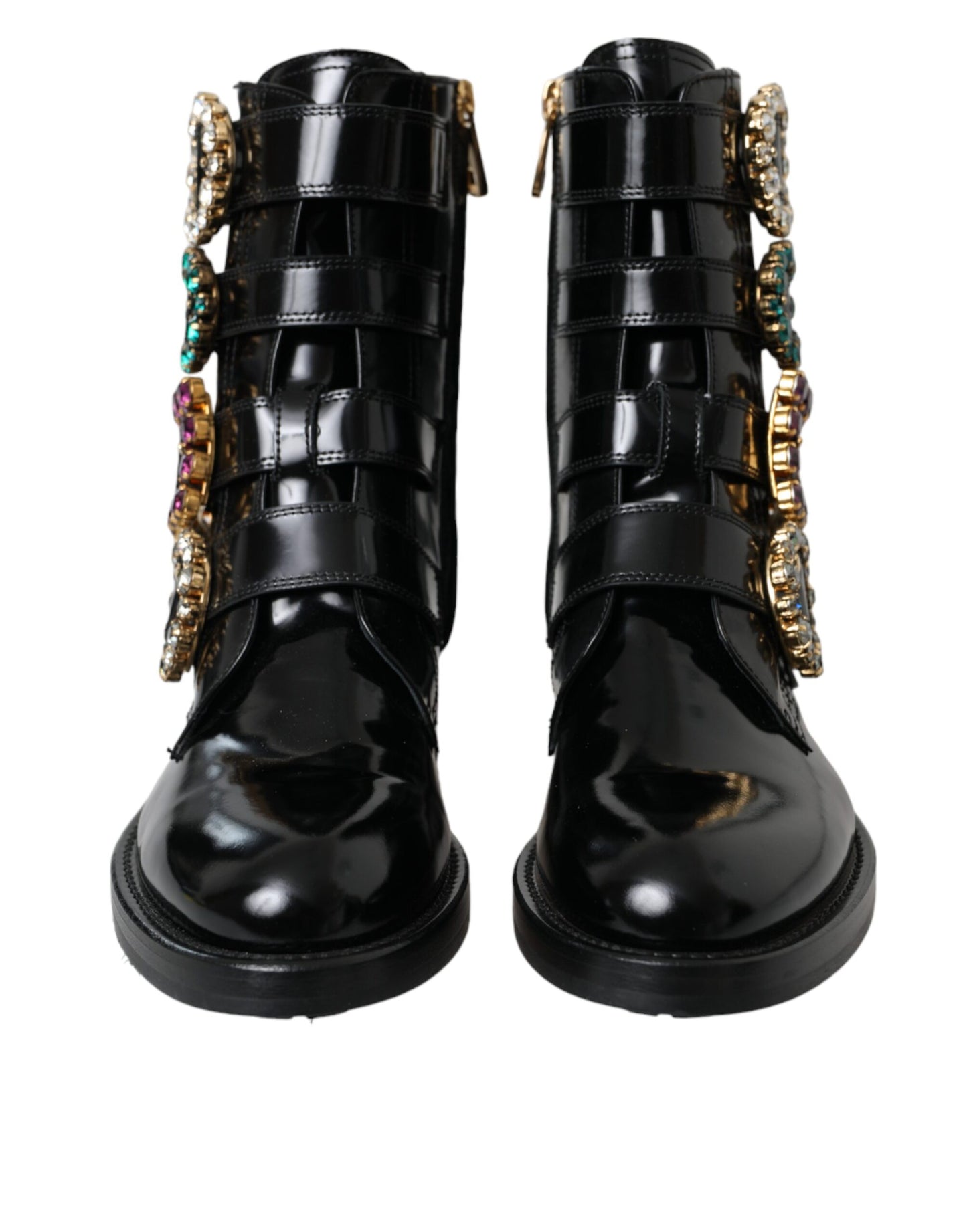 - Black Leather Crystal Buckles Boots Shoes