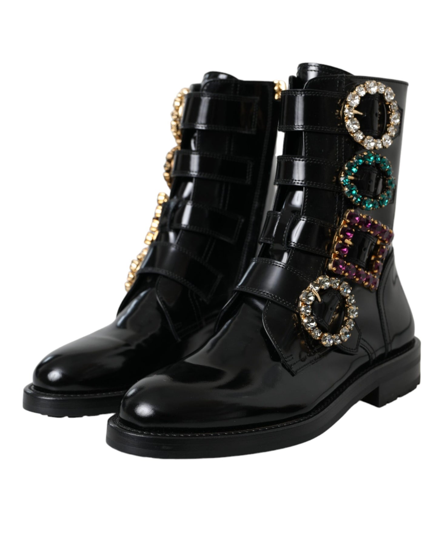 - Black Leather Crystal Buckles Boots Shoes