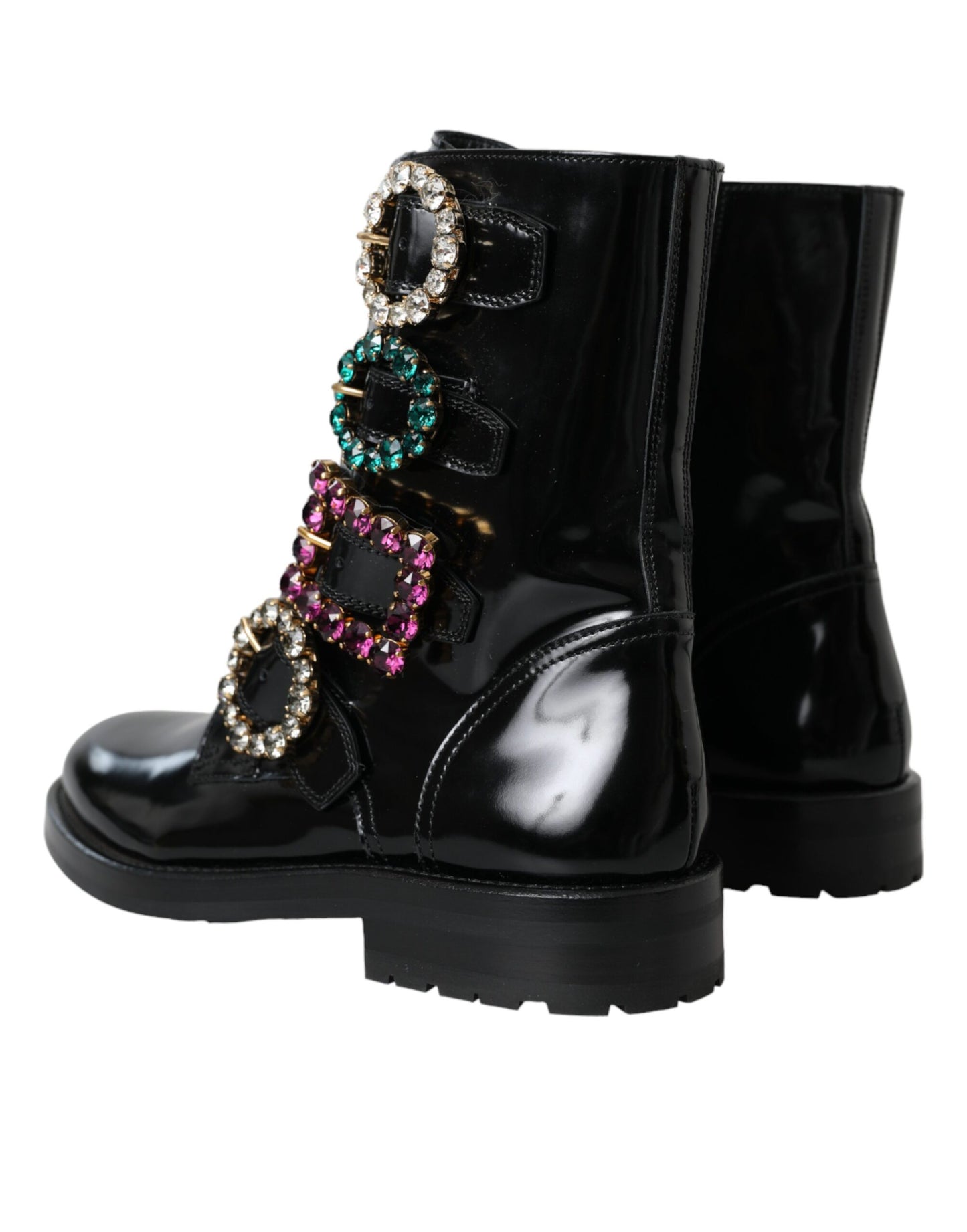 - Black Leather Crystal Buckles Boots Shoes