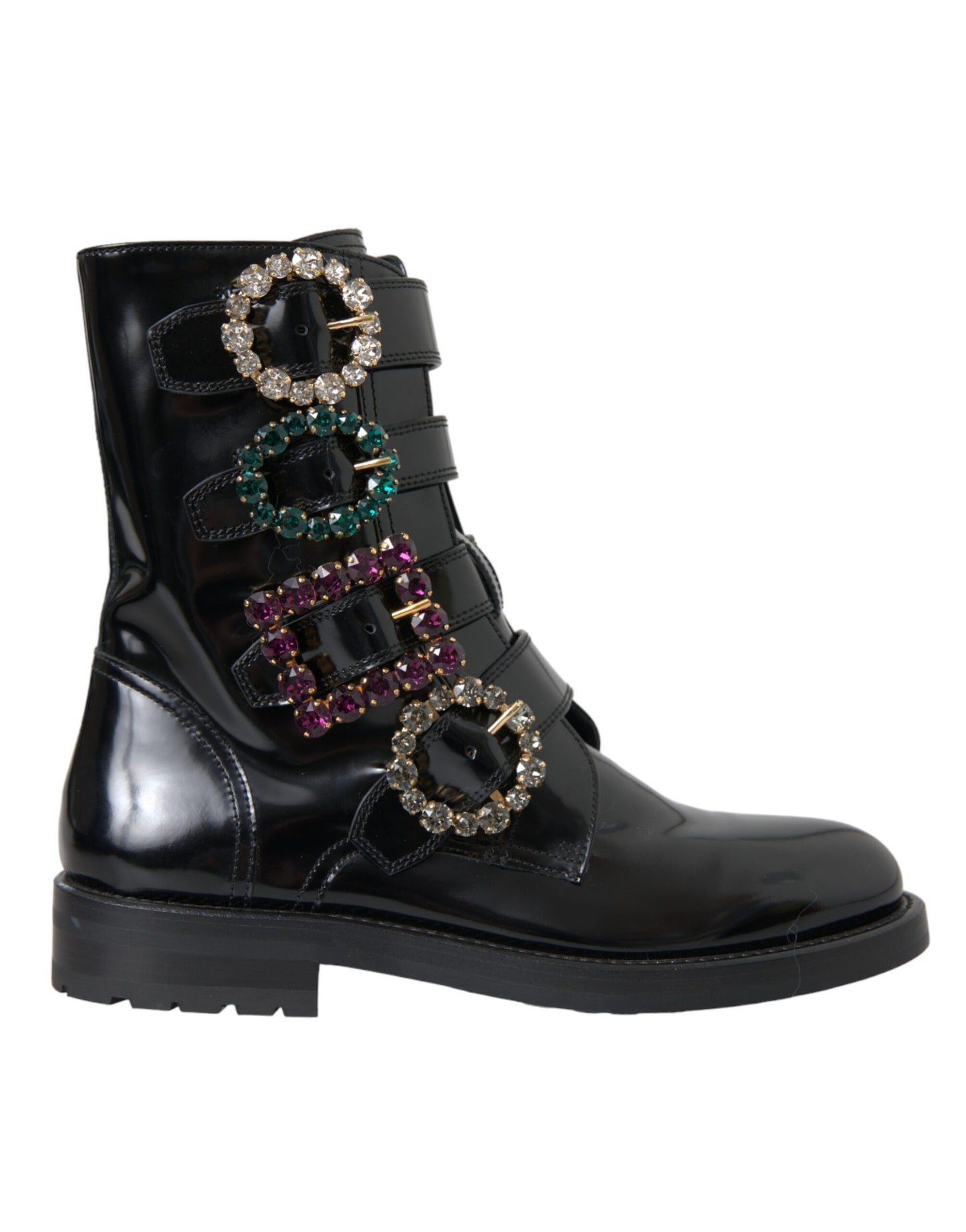 - Black Leather Crystal Buckles Boots Shoes