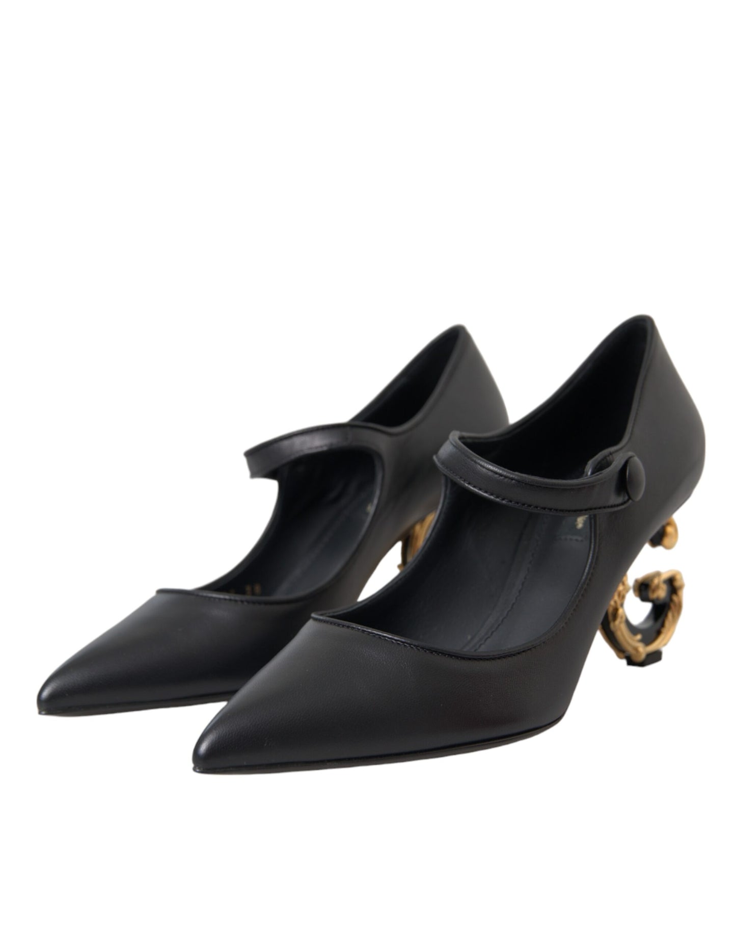 - Black Leather Logo Heels Mary Janes Pumps Shoes