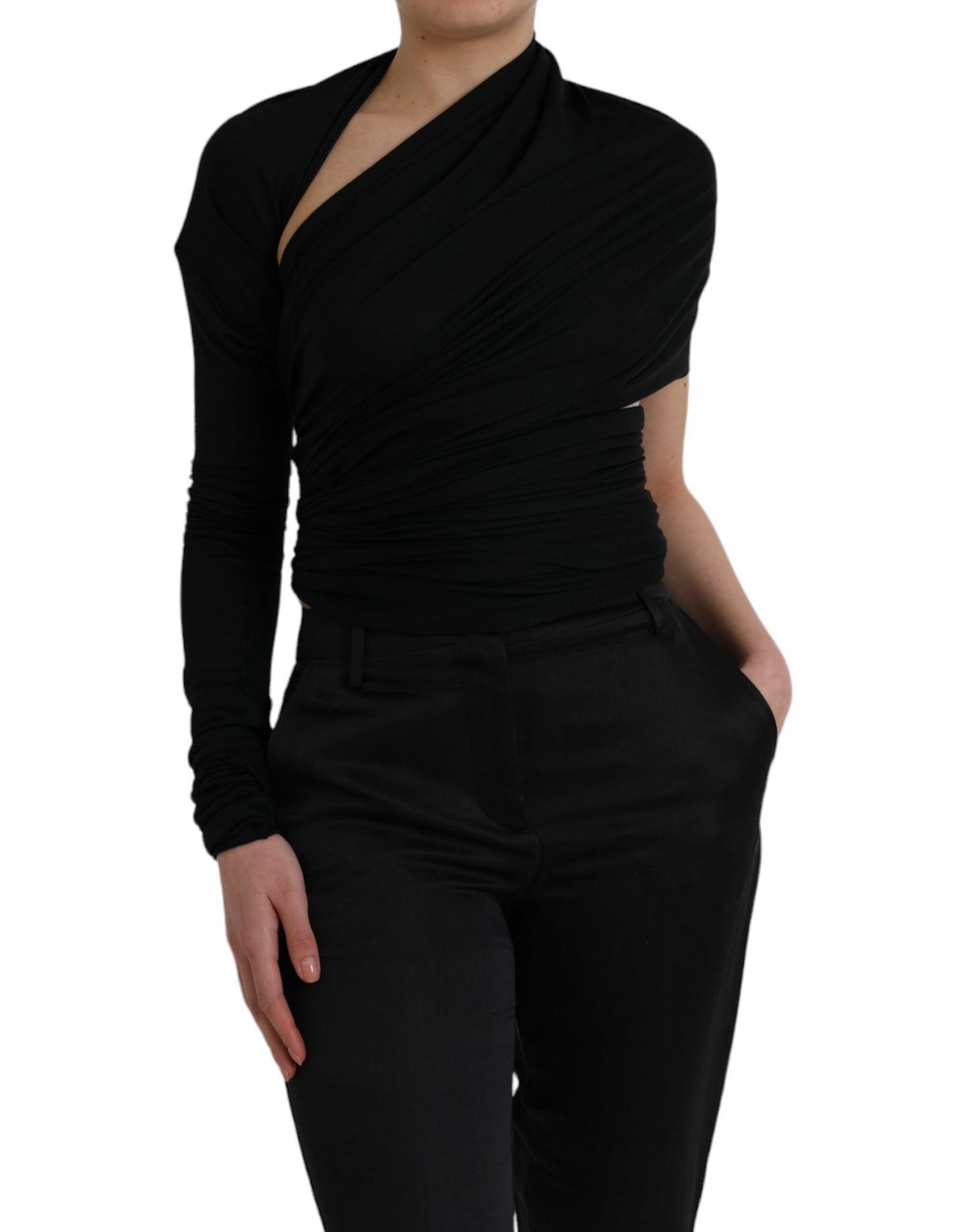 - Black Wool Cutout Asymmetric Long Sleeve Top