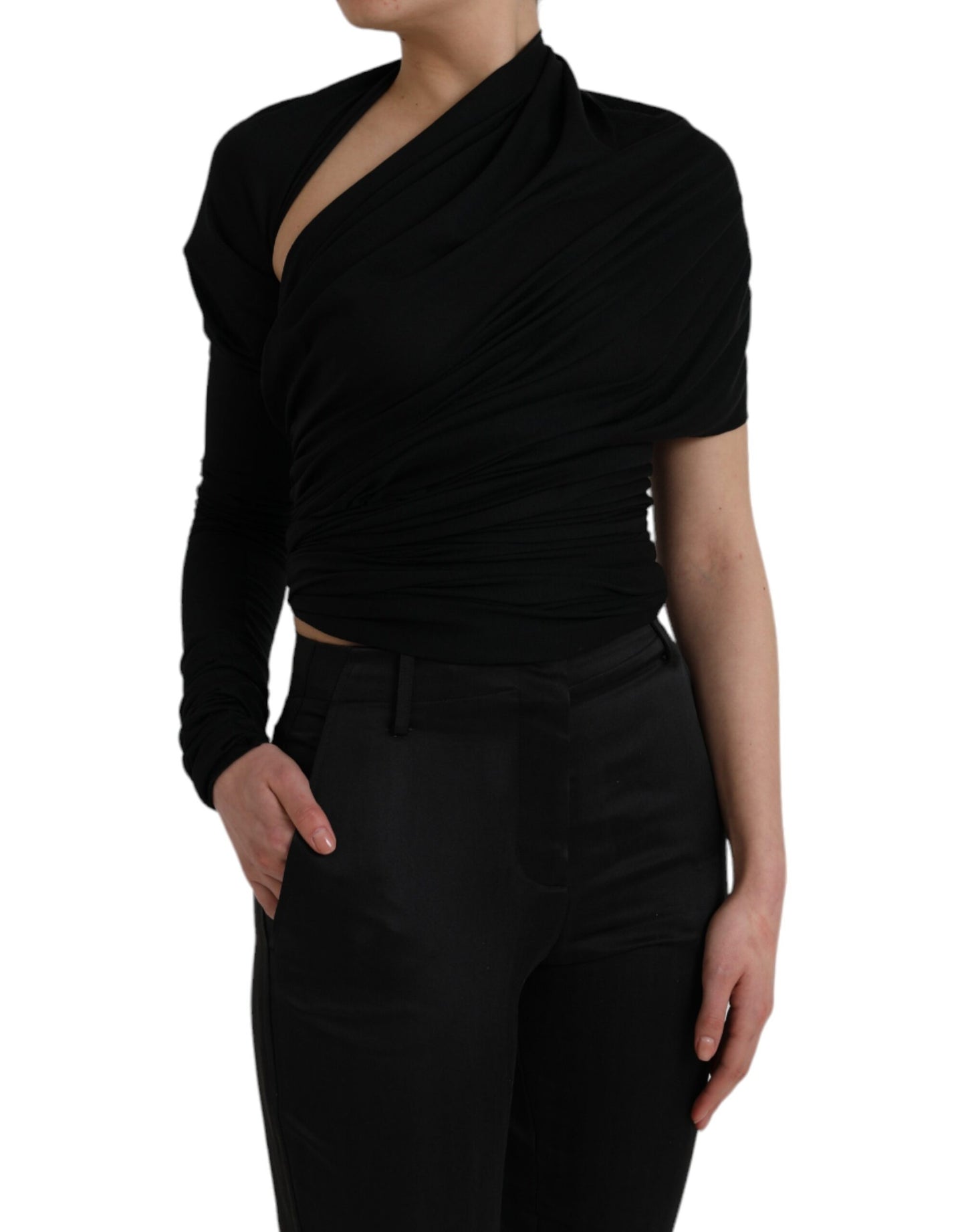 - Black Wool Cutout Asymmetric Long Sleeve Top