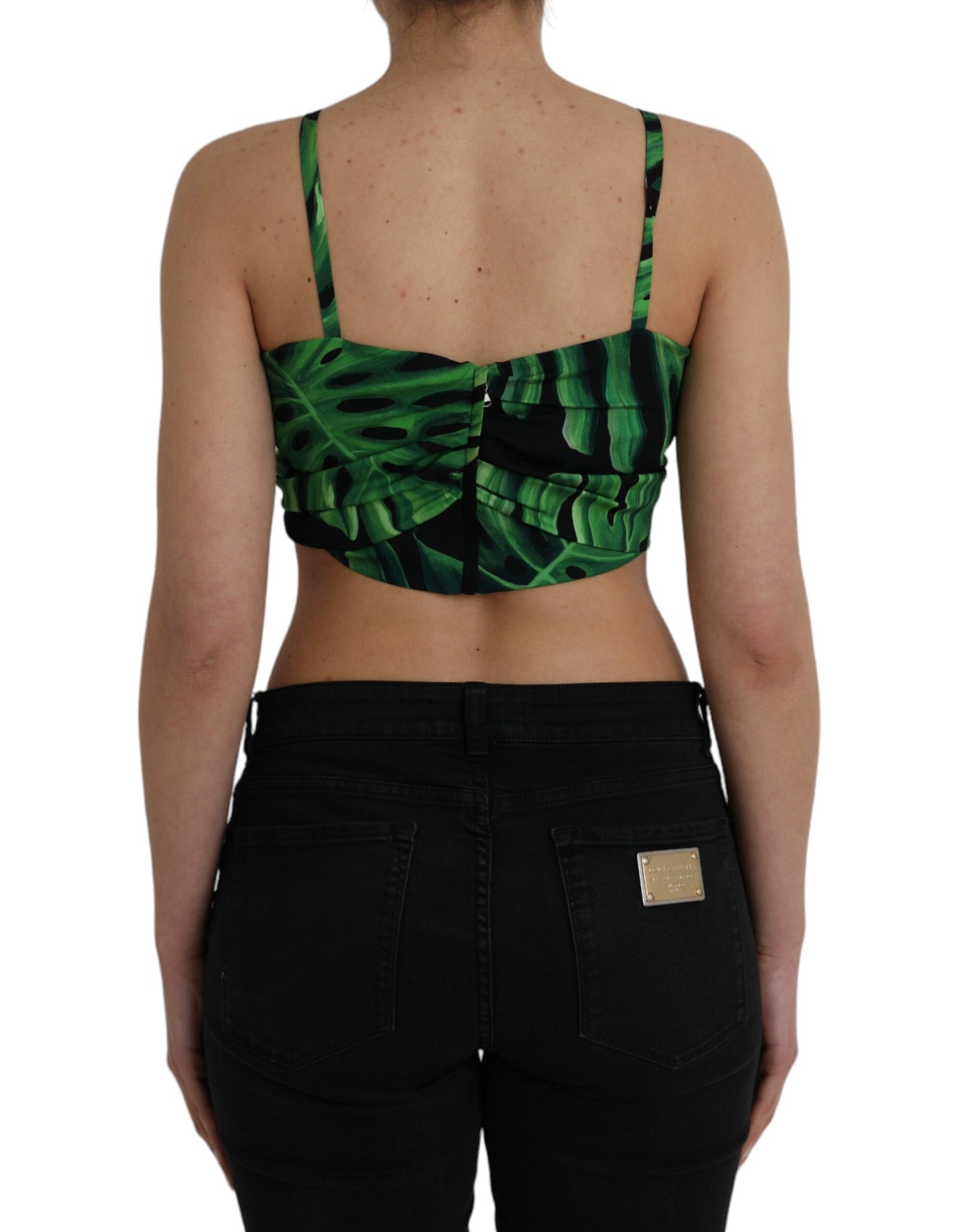 Black Green Leaf Silk Halter Cropped Top - The Luxe Alliance
