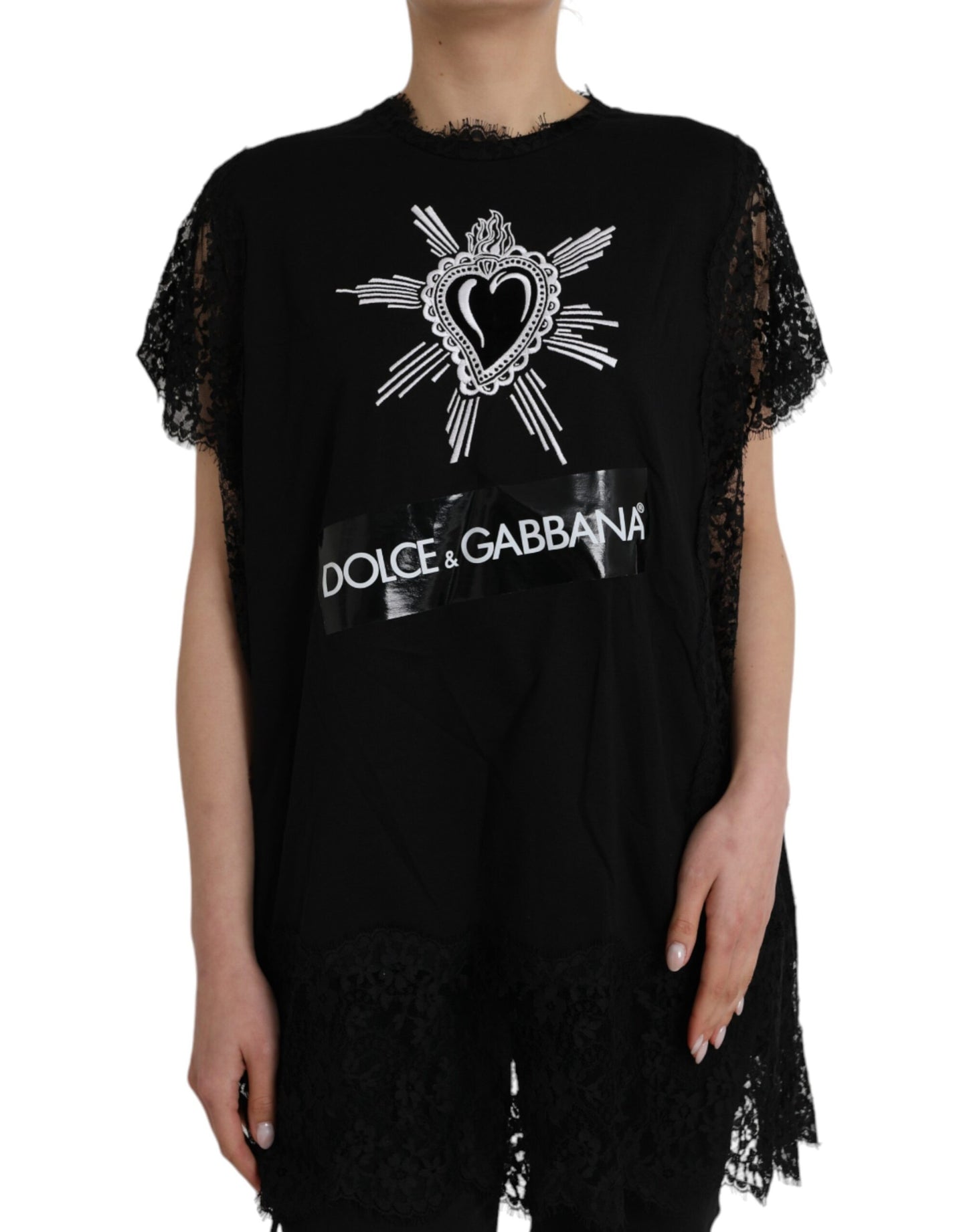 Black Sacred Heart Print Cotton Lace T-shirt - The Luxe Alliance