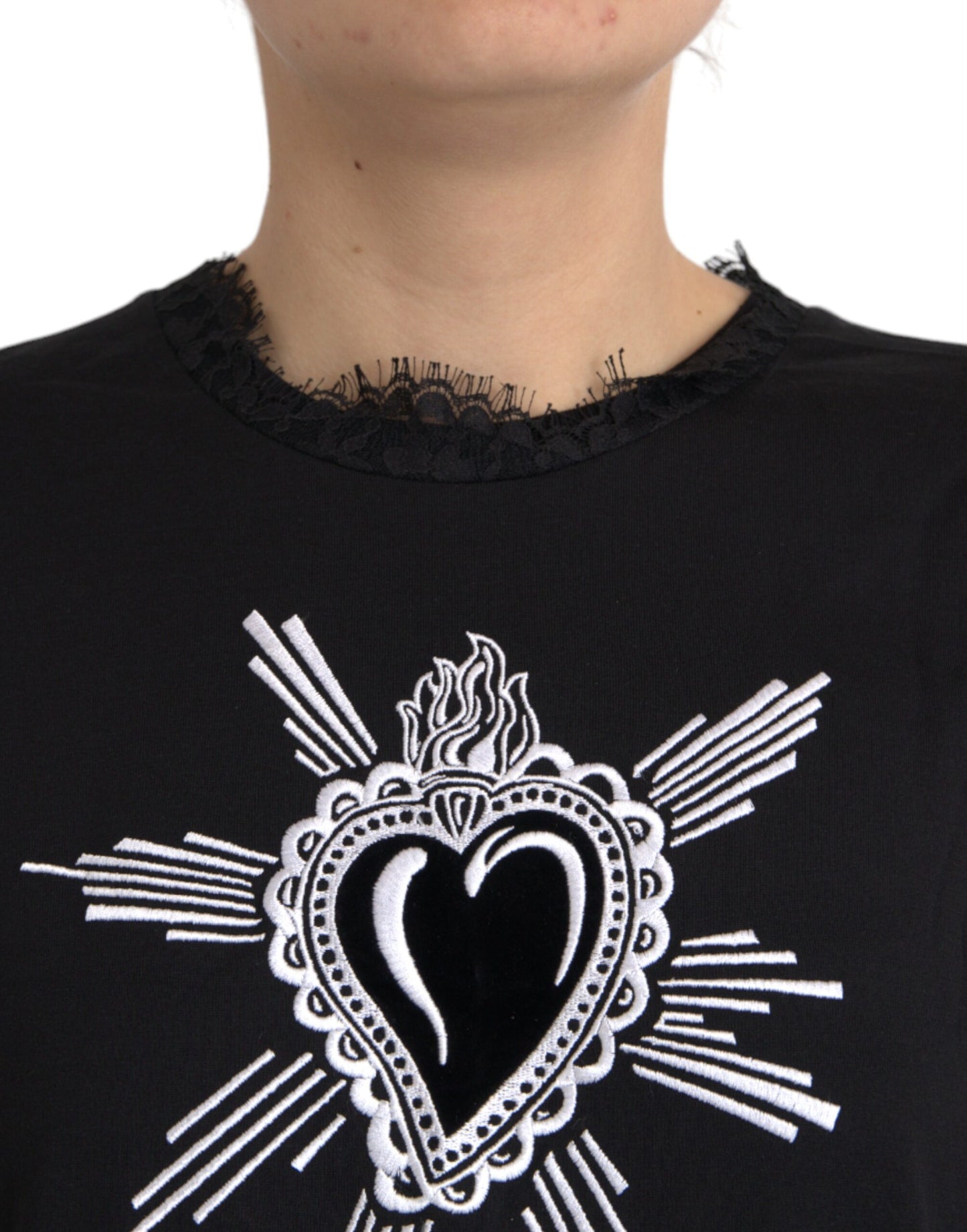 Black Sacred Heart Print Cotton Lace T-shirt - The Luxe Alliance