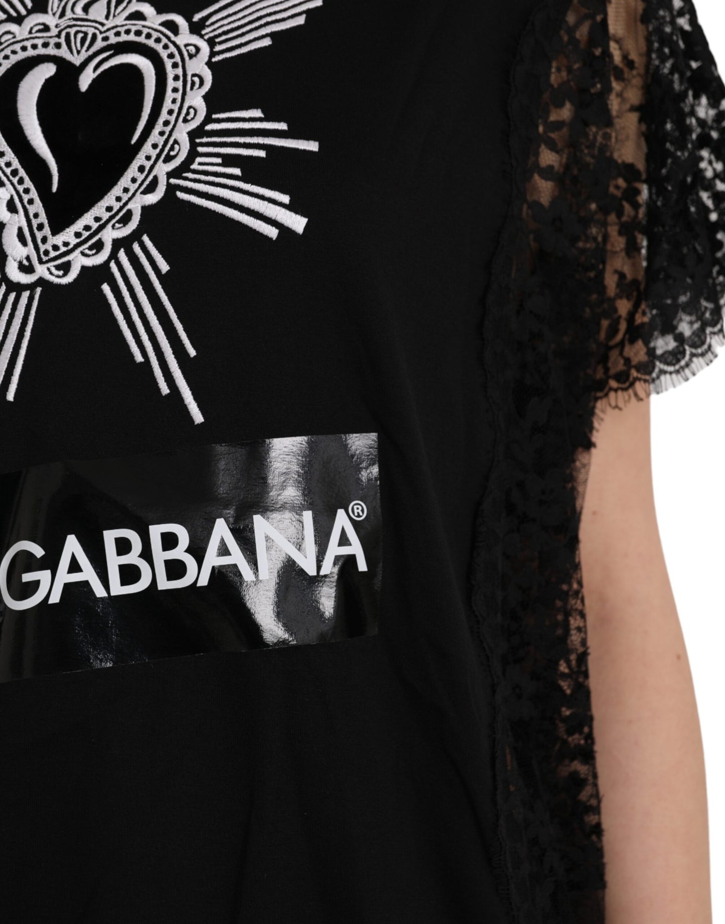 Black Sacred Heart Print Cotton Lace T-shirt - The Luxe Alliance