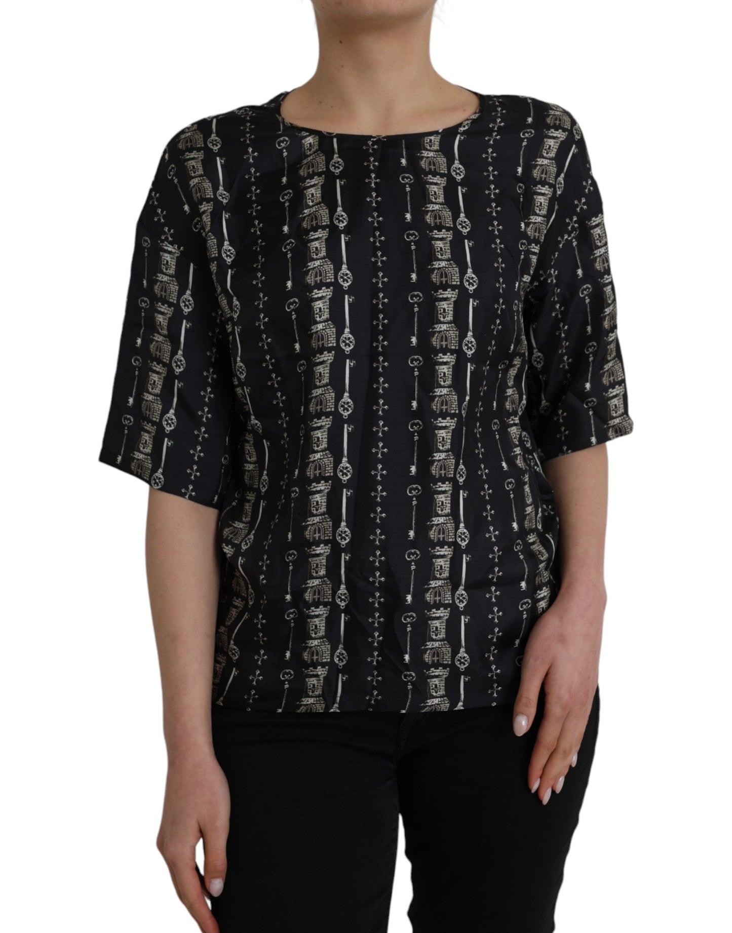 Black Key Castle Print Silk Blouse T-shirt - The Luxe Alliance