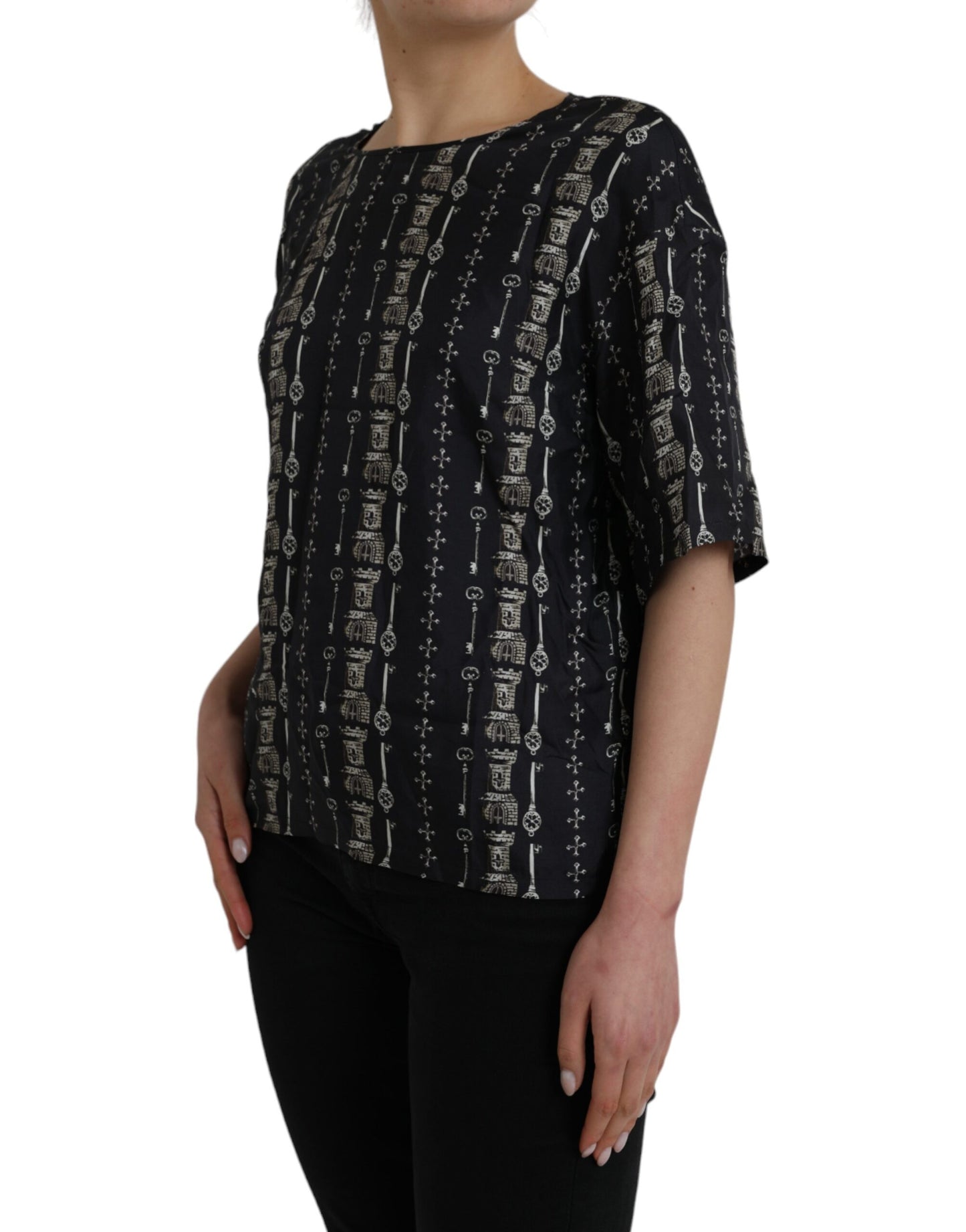 Black Key Castle Print Silk Blouse T-shirt - The Luxe Alliance